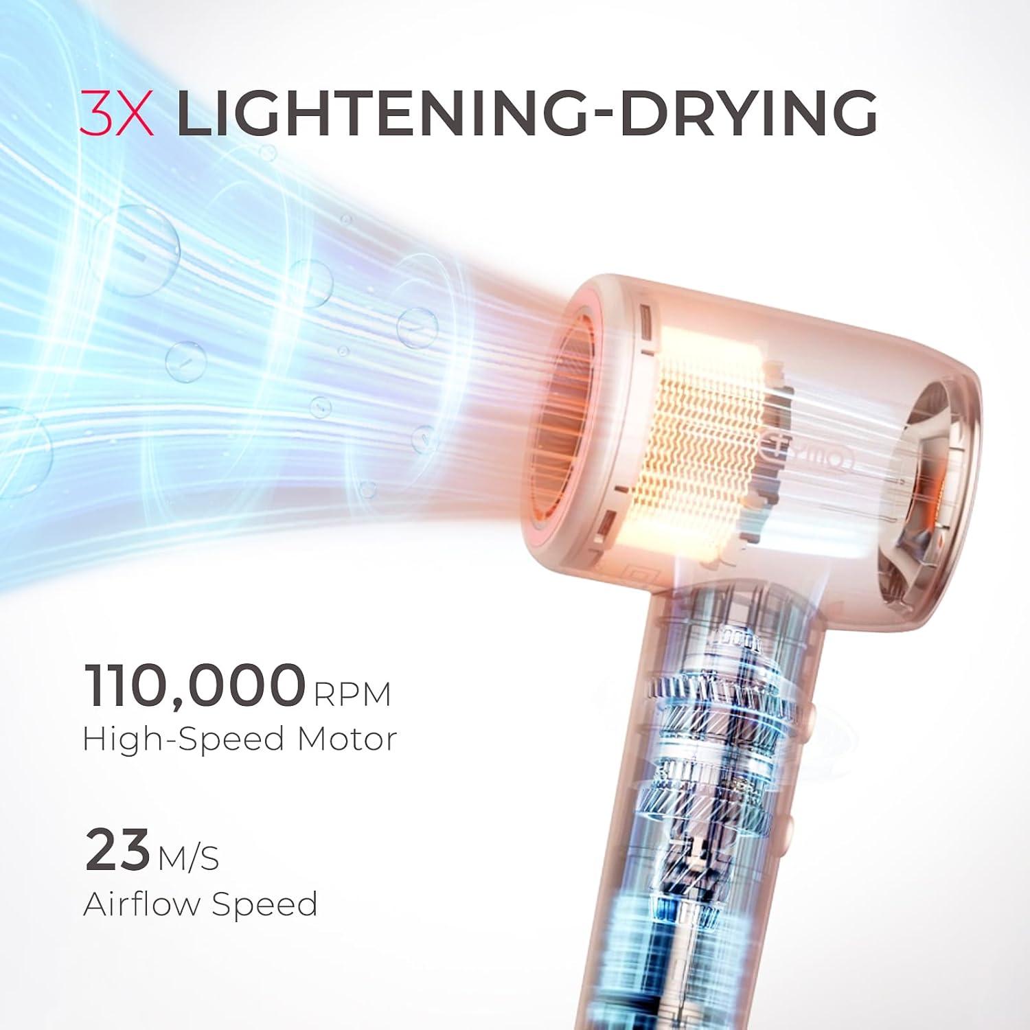 image:imageBlow Dryer with Comb TYMO AIRHYPE Compact 200 Million lonic Hair Dryer with Diffuser Fast Dry Pink Blow Dryer for Women 110000RPM Portable Hairdryer for Curly Hair 4 Temps amp 2 Speeds