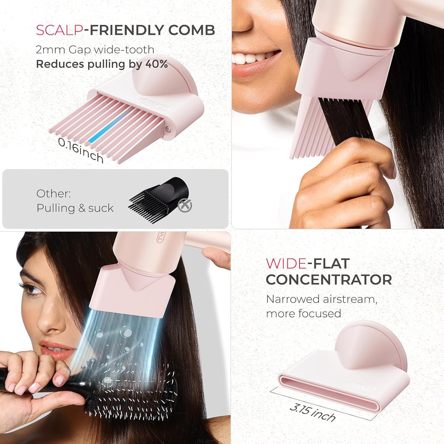 image:imageBlow Dryer with Comb TYMO AIRHYPE Compact 200 Million lonic Hair Dryer with Diffuser Fast Dry Pink Blow Dryer for Women 110000RPM Portable Hairdryer for Curly Hair 4 Temps amp 2 Speeds