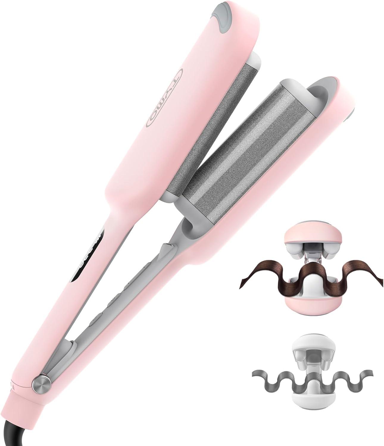 image:imageCurling Iron Hair Crimper Waver TYMO ROVY Beach Waves Curling Wand Ionic Deep Waver Hair Curler Tool with Ceramic 3 Barrel for Women Dual Voltage AntiScald Easy to Use Pink 125 InchPink