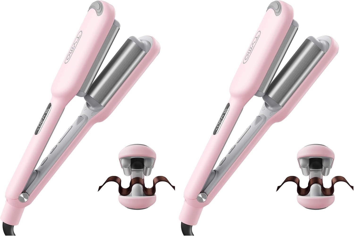 image:imageCurling Iron Hair Crimper Waver TYMO ROVY Beach Waves Curling Wand Ionic Deep Waver Hair Curler Tool with Ceramic 3 Barrel for Women Dual Voltage AntiScald Easy to Use Pink 125 InchPink