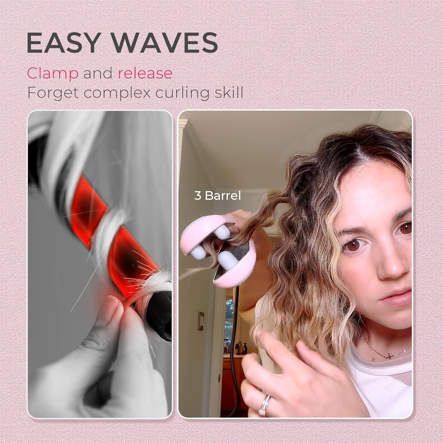 image:imageCurling Iron Hair Crimper Waver TYMO ROVY Beach Waves Curling Wand Ionic Deep Waver Hair Curler Tool with Ceramic 3 Barrel for Women Dual Voltage AntiScald Easy to Use Pink 125 InchPink