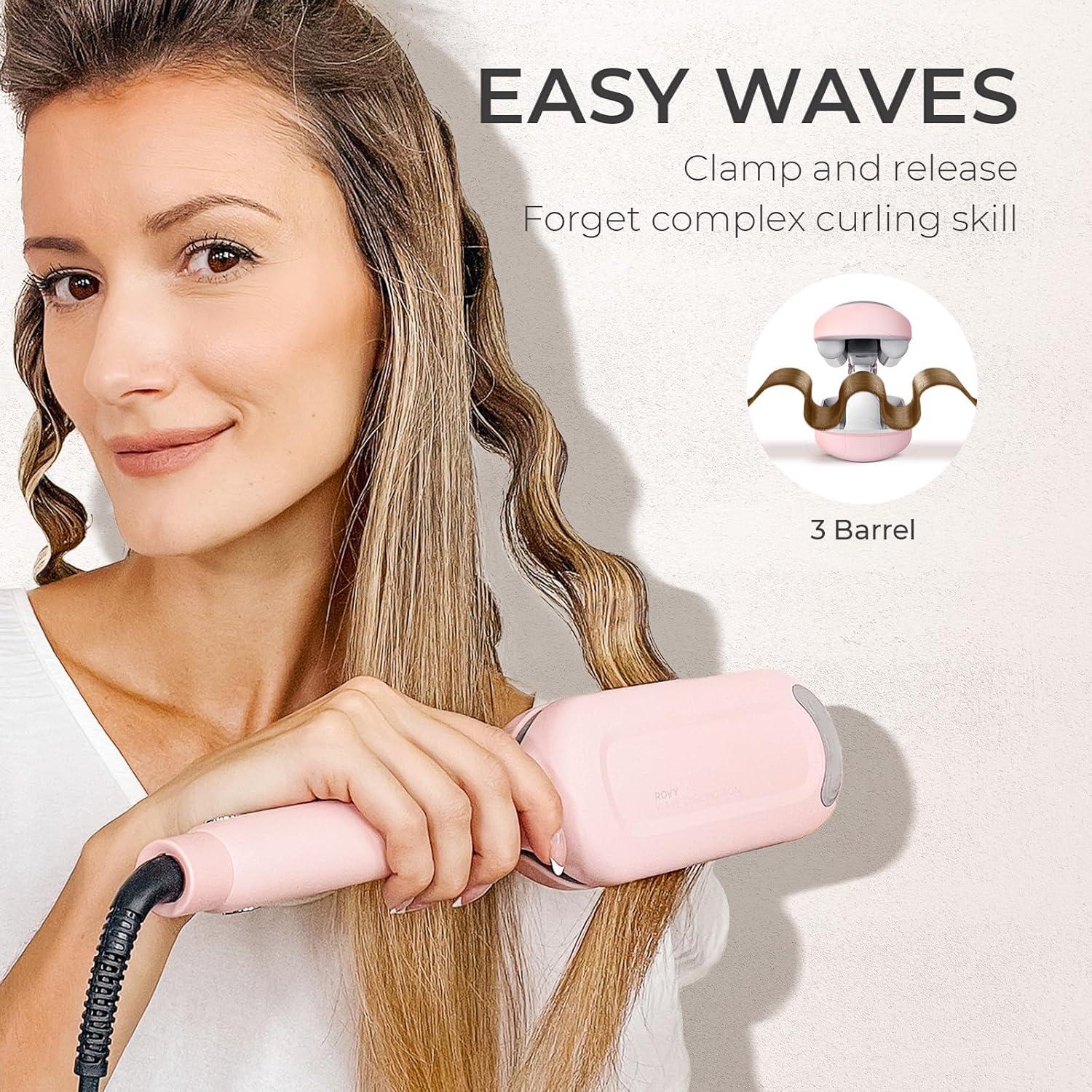 image:imageCurling Iron Hair Crimper Waver TYMO ROVY Beach Waves Curling Wand Ionic Deep Waver Hair Curler Tool with Ceramic 3 Barrel for Women Dual Voltage AntiScald Easy to Use Pink 125 InchPink