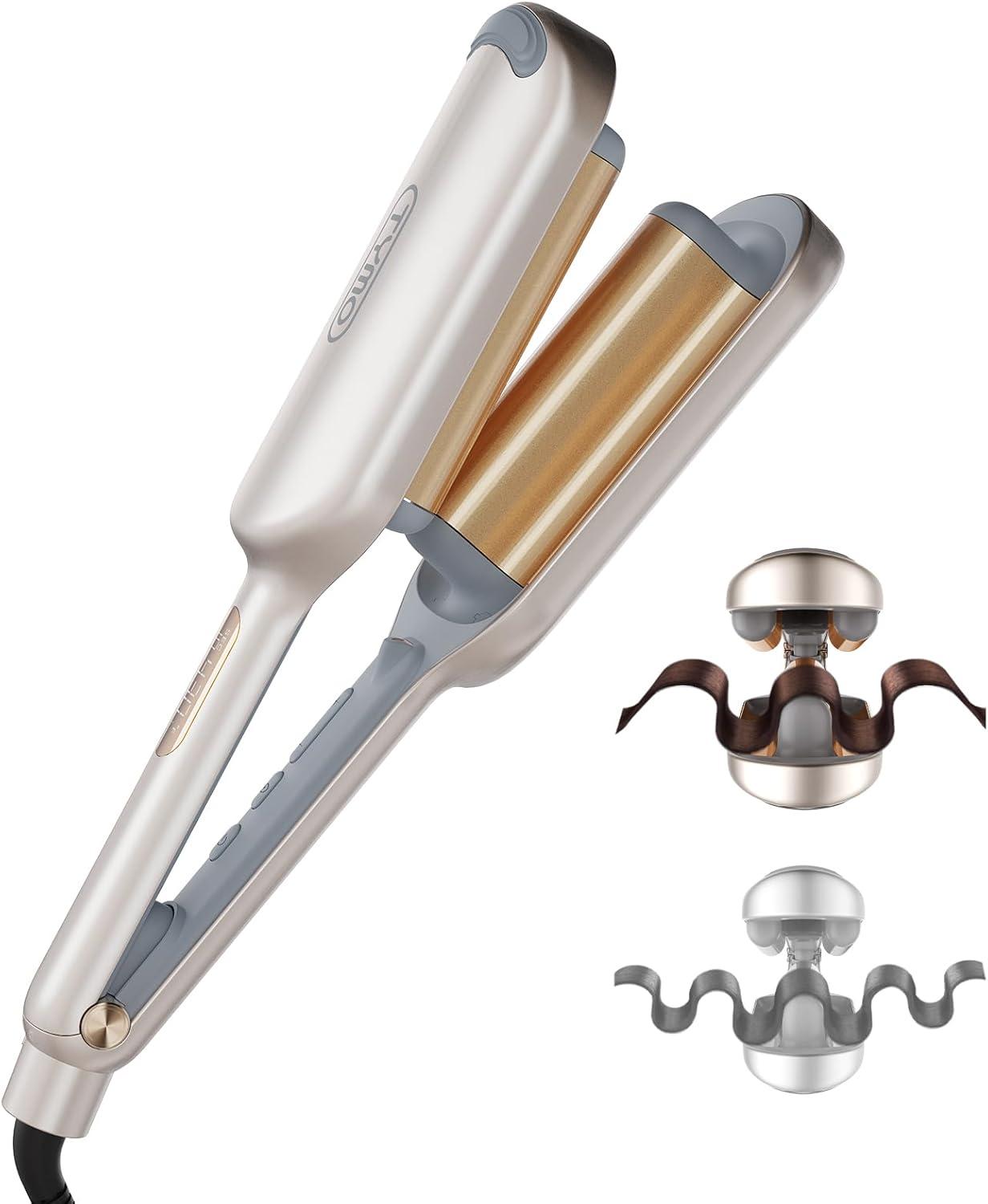 image:imageCurling Iron Hair Crimper Waver TYMO ROVY Beach Waves Curling Wand Ionic Deep Waver Hair Curler Tool with Ceramic 3 Barrel for Women Dual Voltage AntiScald Easy to Use Pink 125 InchElegant Gold