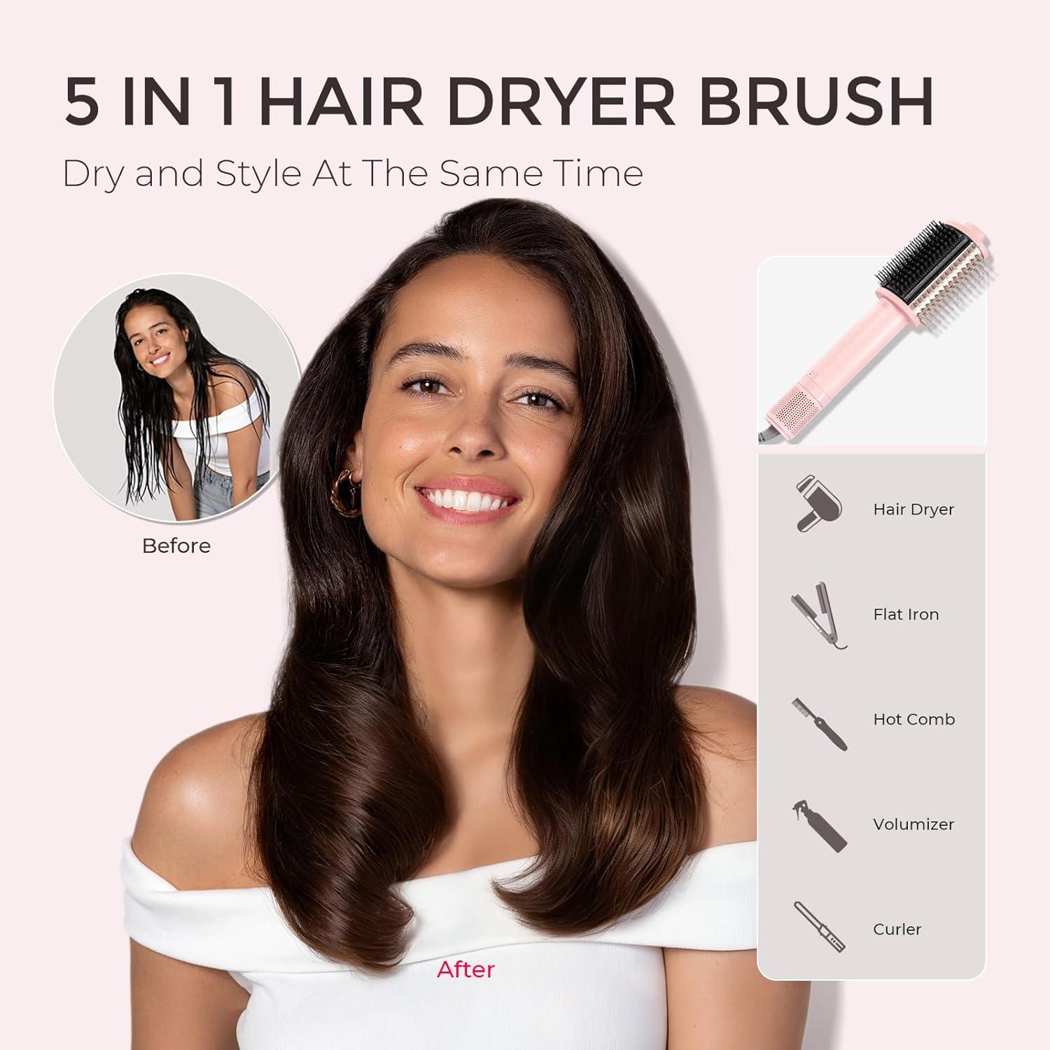 image:imageTYMO 40 Hair Blow Dryer Brush Lightweight 3X Faster Drying 5in1 Ionic Blowout Hair Dryer Brush Adds Shine Volume amp Fullness for Smooth AntiFrizz Straight Curl amp Blowout Styles PinkPink