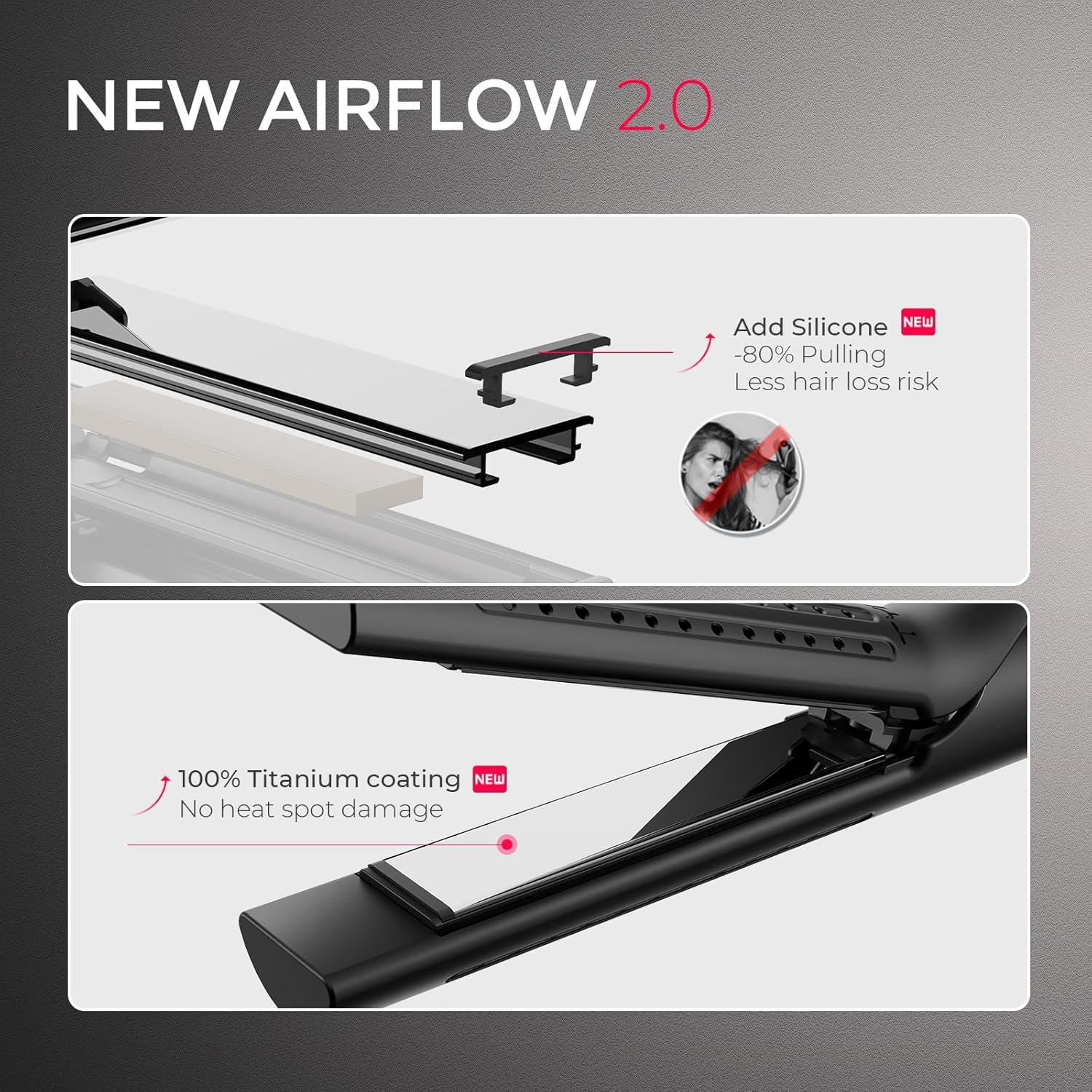 image:imageTYMO Airflow 20 Curling Iron Flat Iron  Hair Straightener and Curler 2 in 1 125 Inch Curling Wand for Long Short Hair Dual Voltage for Travel 54 Million Ionic AntiTangle 5 Temps PinkBlack