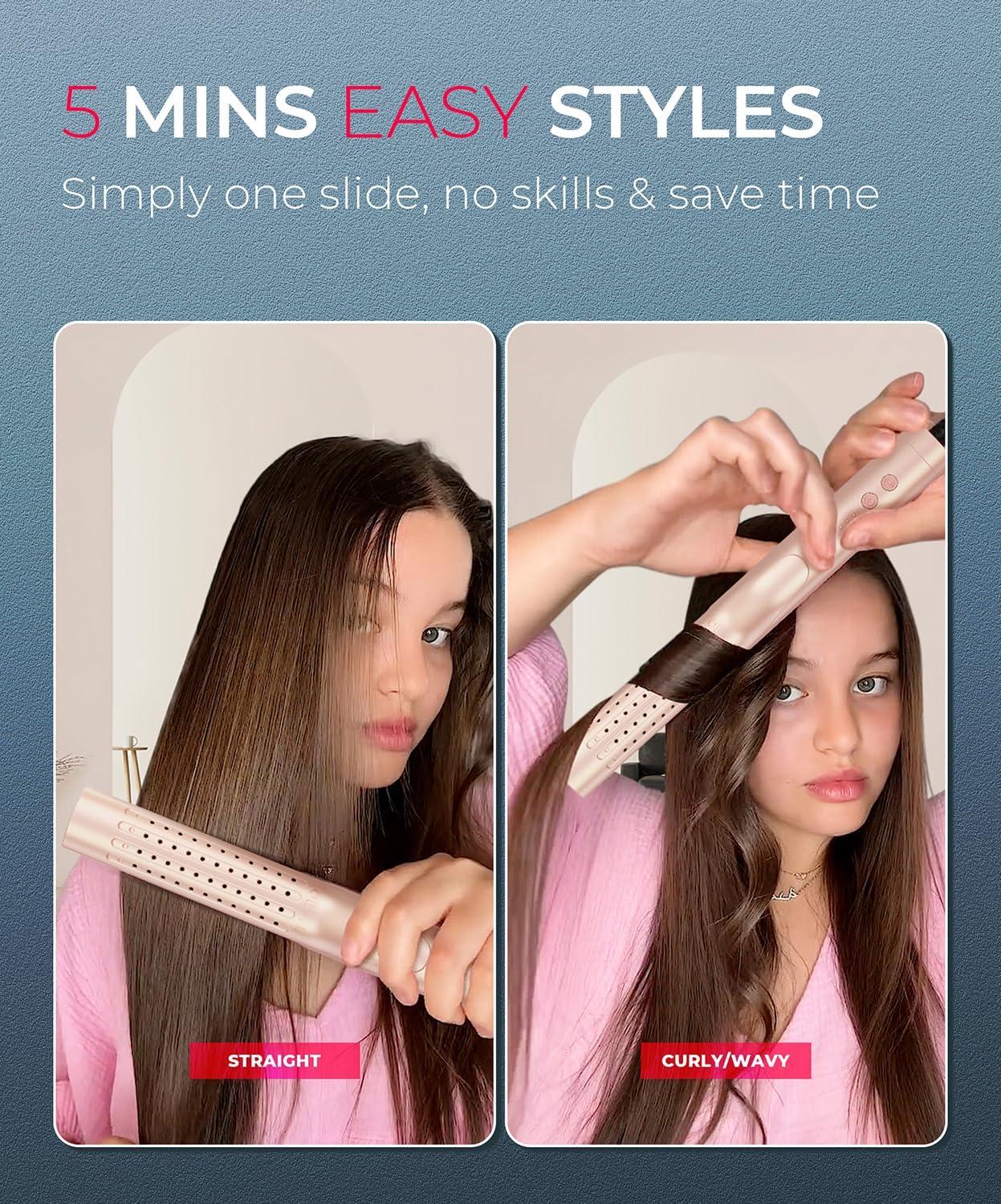 image:imageTYMO Airflow 20 Curling Iron Flat Iron  Hair Straightener and Curler 2 in 1 125 Inch Curling Wand for Long Short Hair Dual Voltage for Travel 54 Million Ionic AntiTangle 5 Temps PinkGold Blush