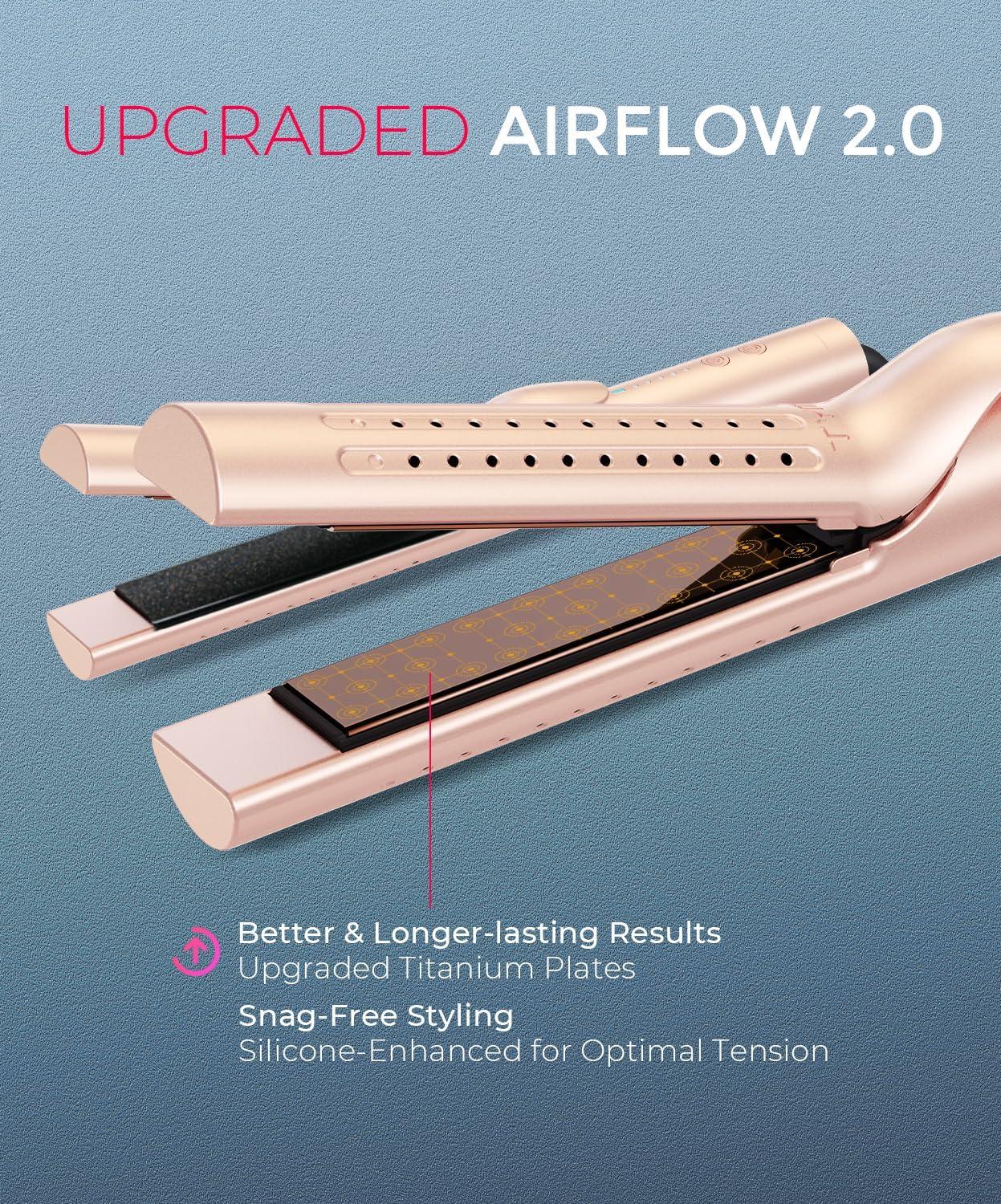 image:imageTYMO Airflow 20 Curling Iron Flat Iron  Hair Straightener and Curler 2 in 1 125 Inch Curling Wand for Long Short Hair Dual Voltage for Travel 54 Million Ionic AntiTangle 5 Temps PinkGold Blush
