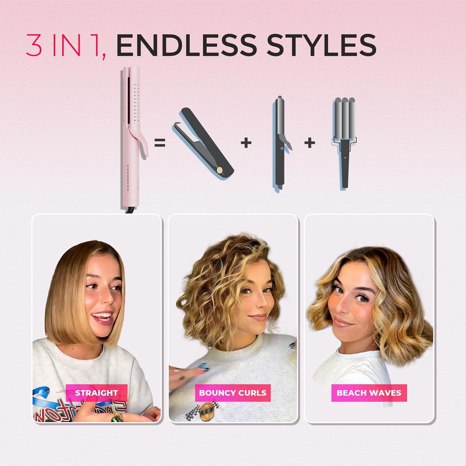 image:imageTYMO Airflow 20 Curling Iron Flat Iron Hair Straightener and Curler 2 in 1 125 Inch Curling Wand for Long Short Hair Dual Voltage for Travel 54 Million Ionic AntiTangle 5 Temps PinkPink