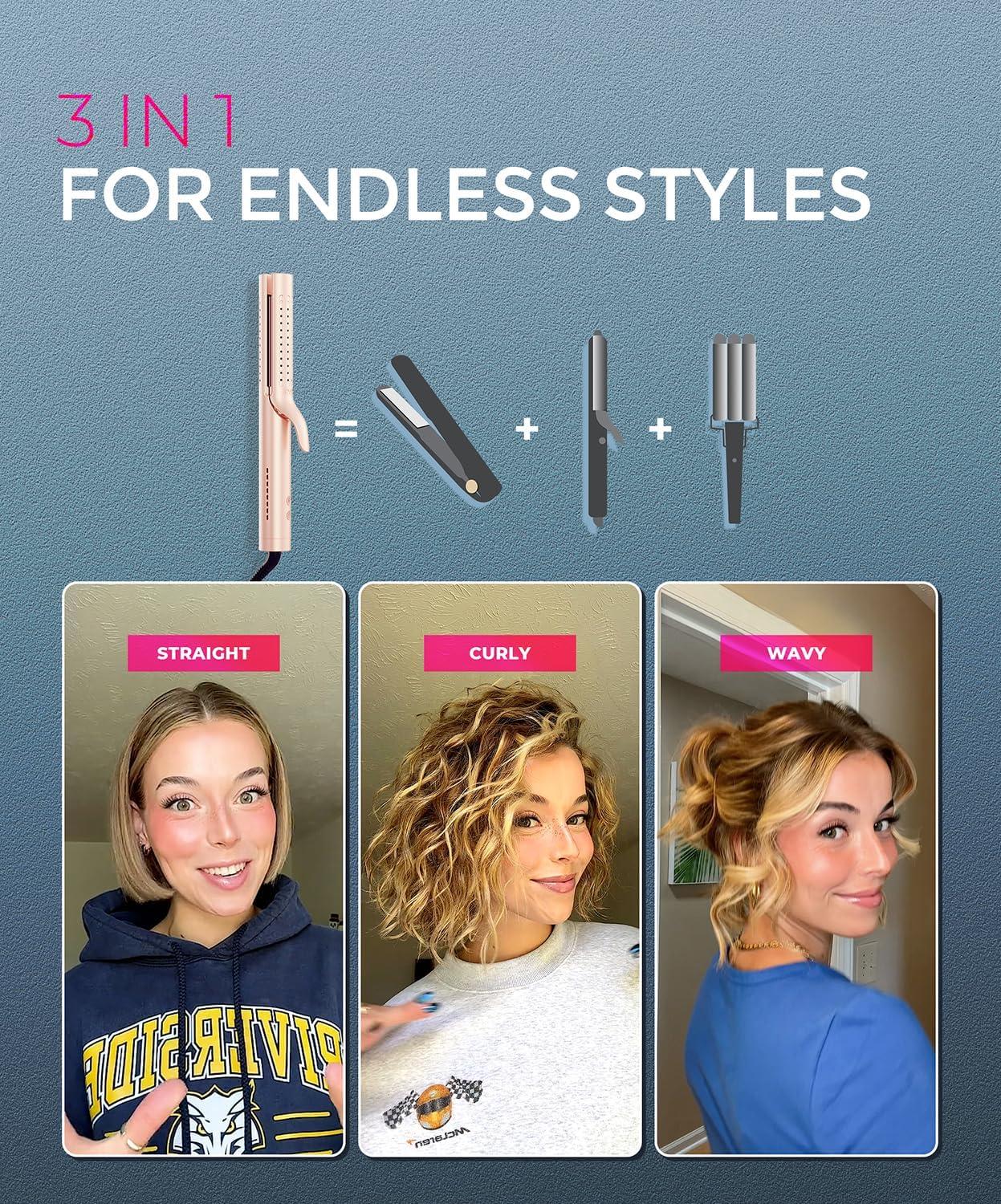 image:imageTYMO Airflow 20 Curling Iron Flat Iron  Hair Straightener and Curler 2 in 1 125 Inch Curling Wand for Long Short Hair Dual Voltage for Travel 54 Million Ionic AntiTangle 5 Temps PinkGold Blush