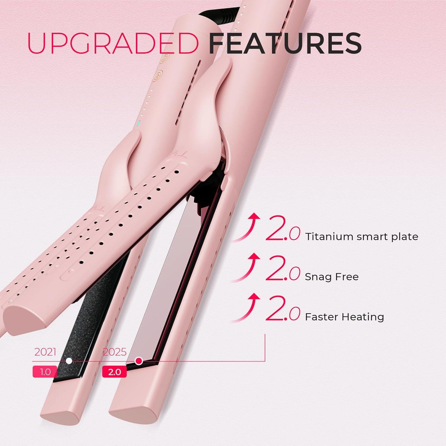 image:imageTYMO Airflow 20 Curling Iron Flat Iron Hair Straightener and Curler 2 in 1 125 Inch Curling Wand for Long Short Hair Dual Voltage for Travel 54 Million Ionic AntiTangle 5 Temps PinkPink