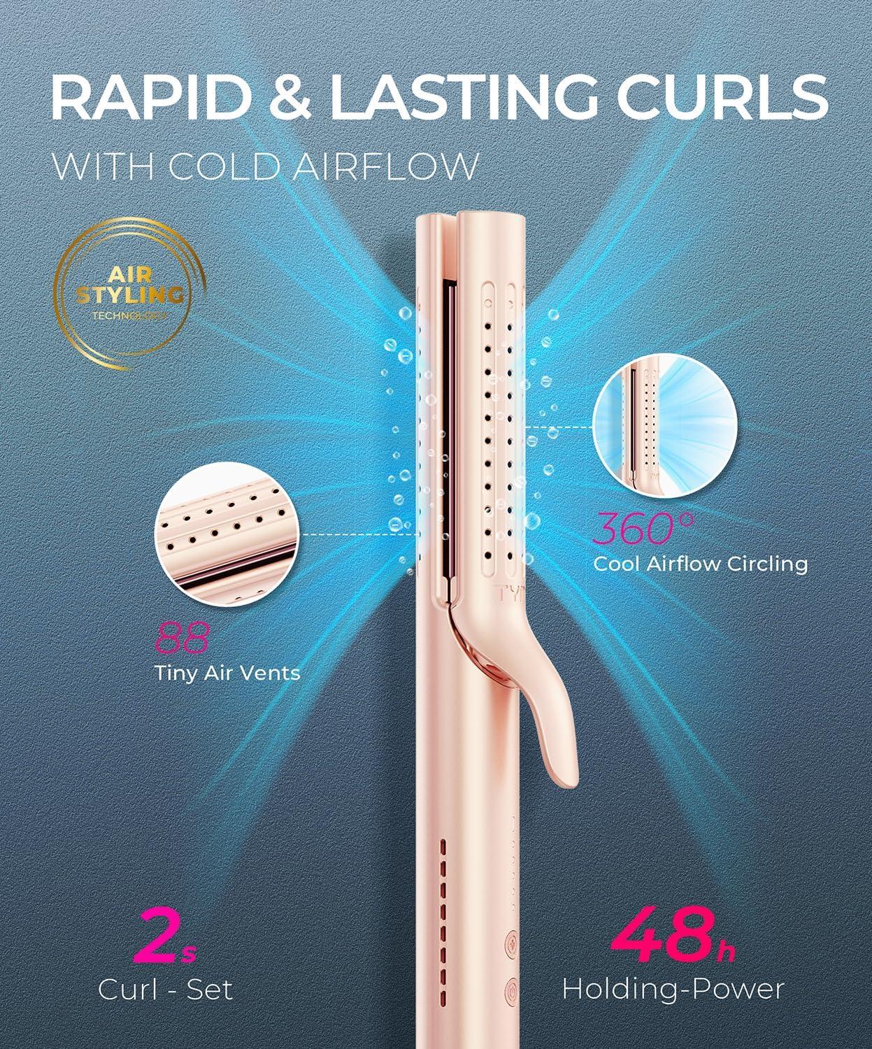 image:imageTYMO Airflow 20 Curling Iron Flat Iron  Hair Straightener and Curler 2 in 1 125 Inch Curling Wand for Long Short Hair Dual Voltage for Travel 54 Million Ionic AntiTangle 5 Temps PinkGold Blush