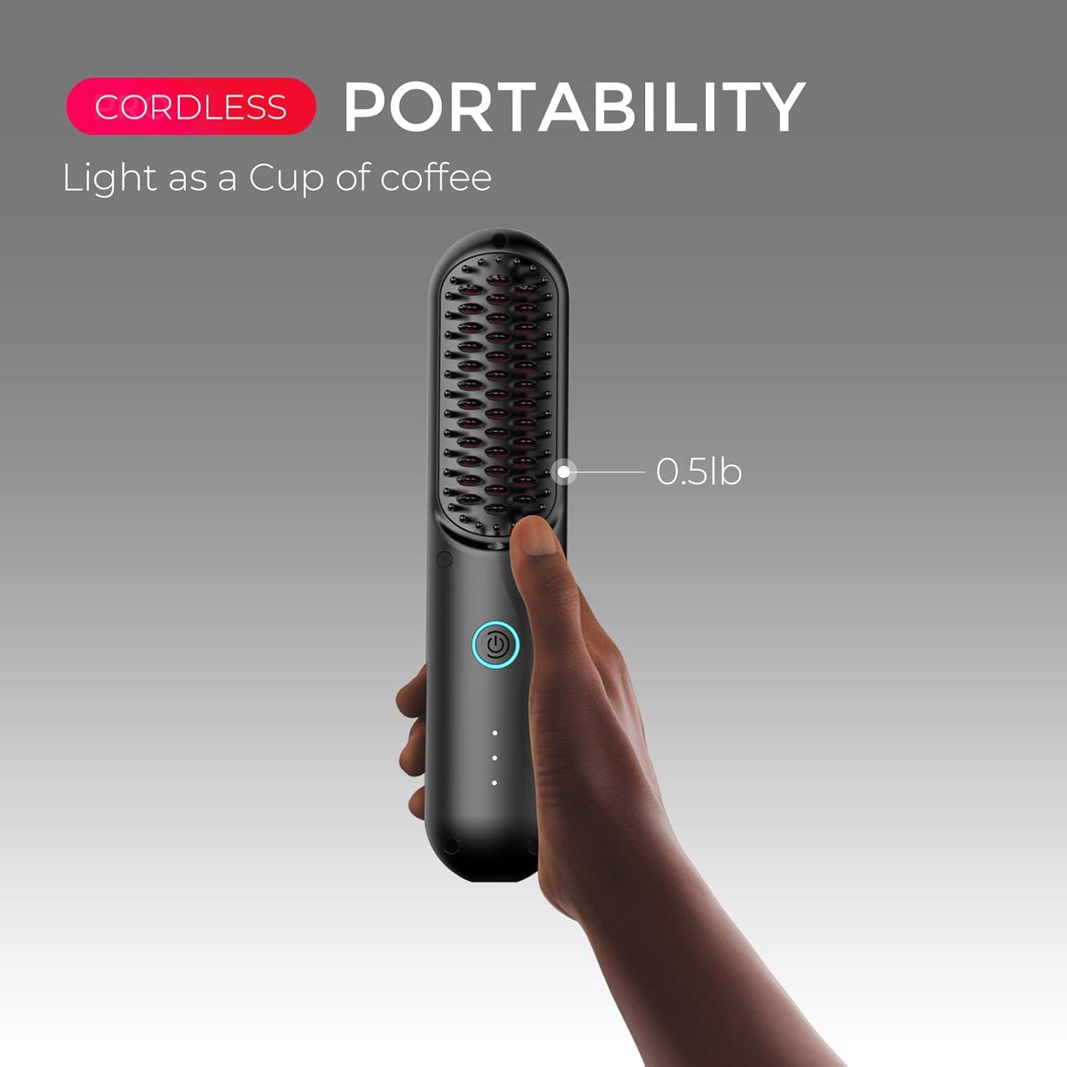 image:imageTYMO Cordless Hair Straightener Brush Porta ECO Portable Straightening Brush for Travel Mini Hot Straightening Comb for Women Ceramic Coating Lightweight for Touchups AntiScald Black