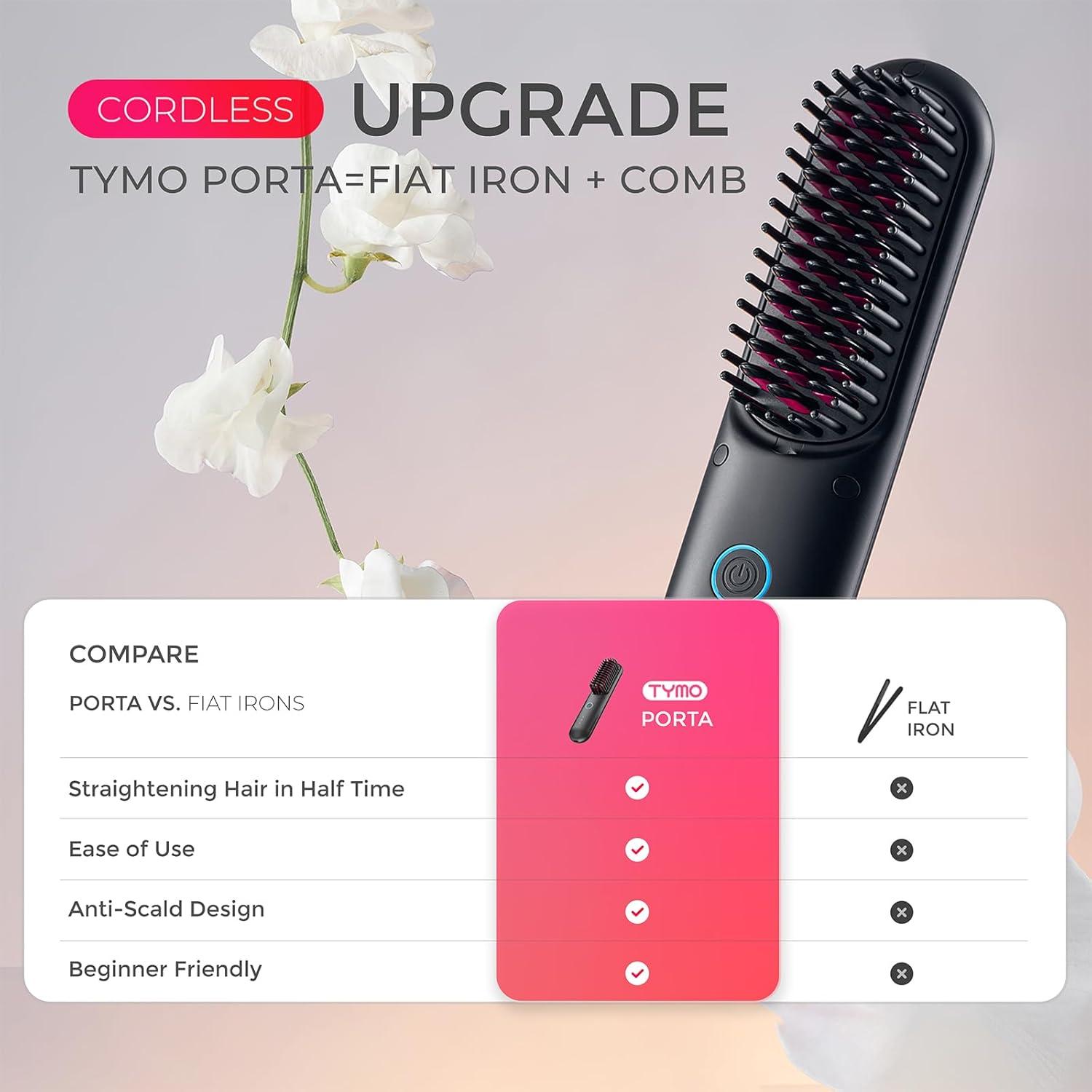 image:imageTYMO Cordless Hair Straightener Brush Porta ECO Portable Straightening Brush for Travel Mini Hot Straightening Comb for Women Ceramic Coating Lightweight for Touchups AntiScald Black