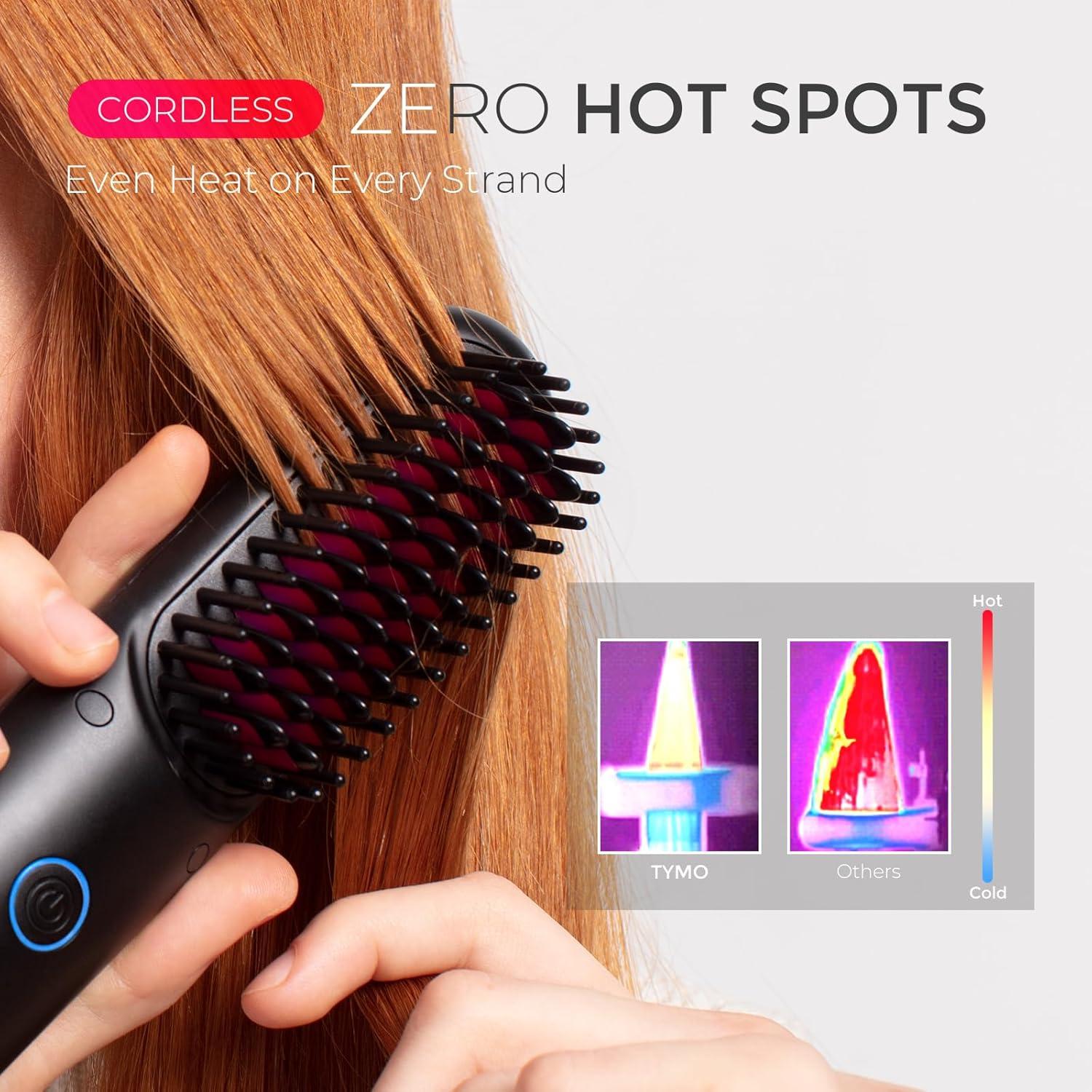 image:imageTYMO Cordless Hair Straightener Brush Porta ECO Portable Straightening Brush for Travel Mini Hot Straightening Comb for Women Ceramic Coating Lightweight for Touchups AntiScald Black