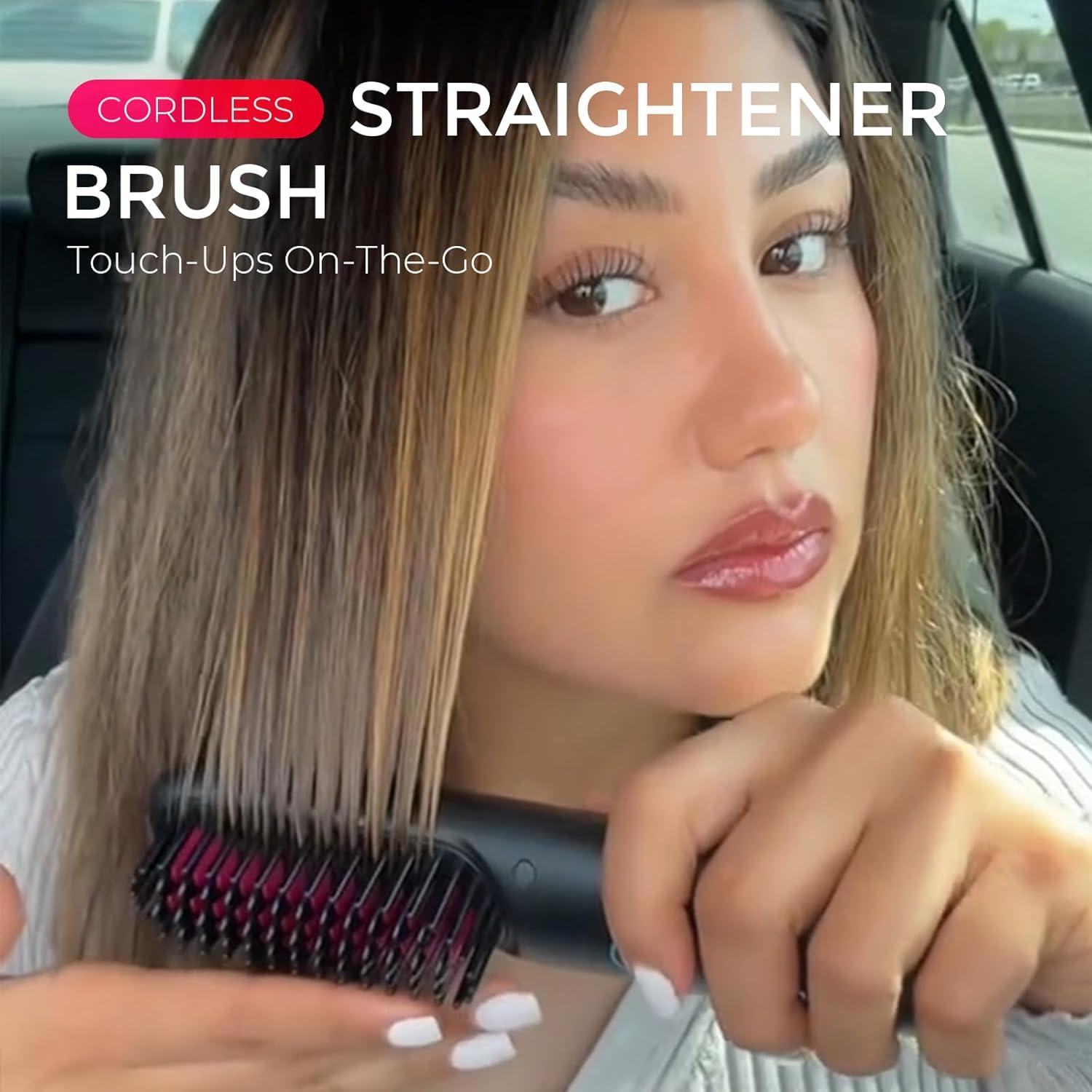 image:imageTYMO Cordless Hair Straightener Brush Porta ECO Portable Straightening Brush for Travel Mini Hot Straightening Comb for Women Ceramic Coating Lightweight for Touchups AntiScald Black