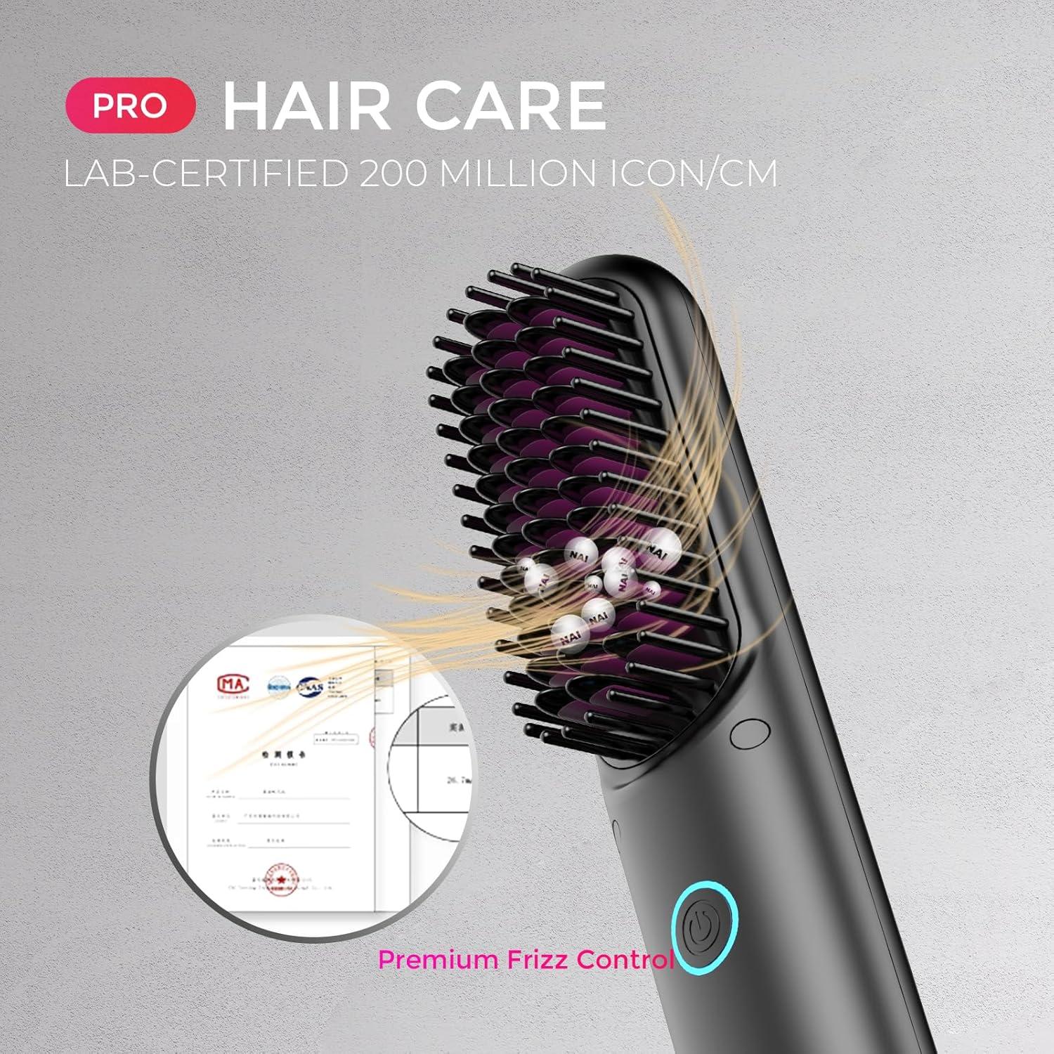 image:imageTYMO Cordless Hair Straightener Brush Porta PRO Portable Straightening Brush for Travel Mini Ionic Hot Comb Straightener for Women Lightweight onThego Cordless amp Fast Charger Dual Power Black