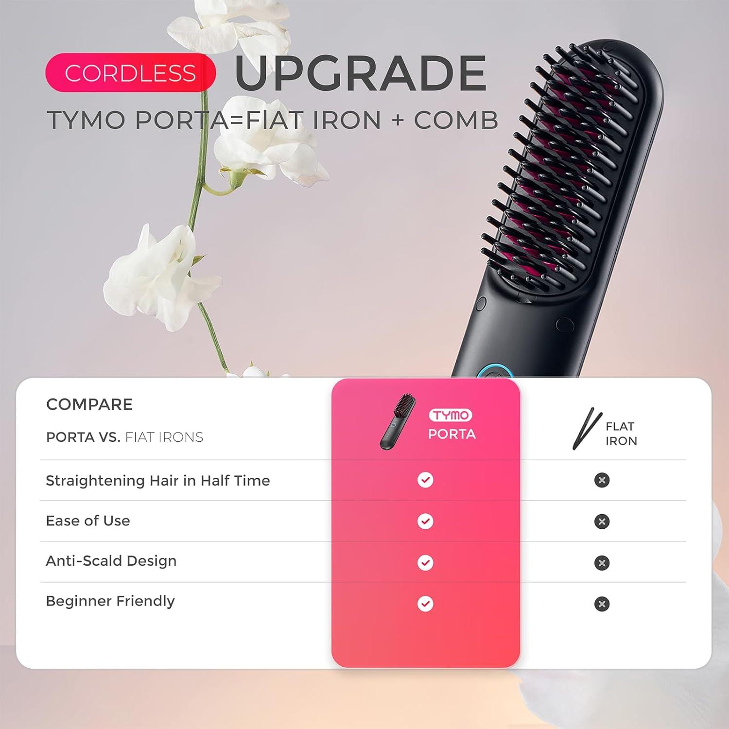 image:imageTYMO Cordless Hair Straightener Brush Porta PRO Portable Straightening Brush for Travel Mini Ionic Hot Comb Straightener for Women Lightweight onThego Cordless amp Fast Charger Dual Power Black