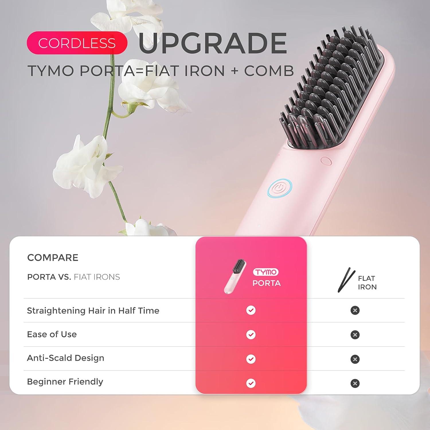 image:imageTYMO Cordless Hair Straightener Brush Porta PRO Portable Straightening Brush for Travel Mini Ionic Hot Comb Straightener for Women Lightweight onThego Cordless and Fast Charger Dual Power