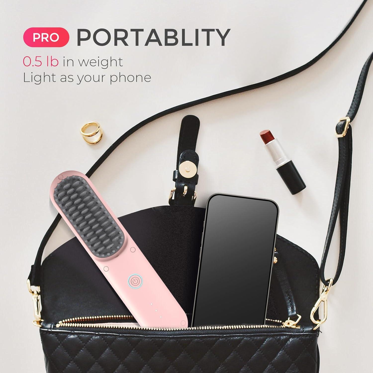 image:imageTYMO Cordless Hair Straightener Brush Porta PRO Portable Straightening Brush for Travel Mini Ionic Hot Comb Straightener for Women Lightweight onThego Cordless and Fast Charger Dual Power