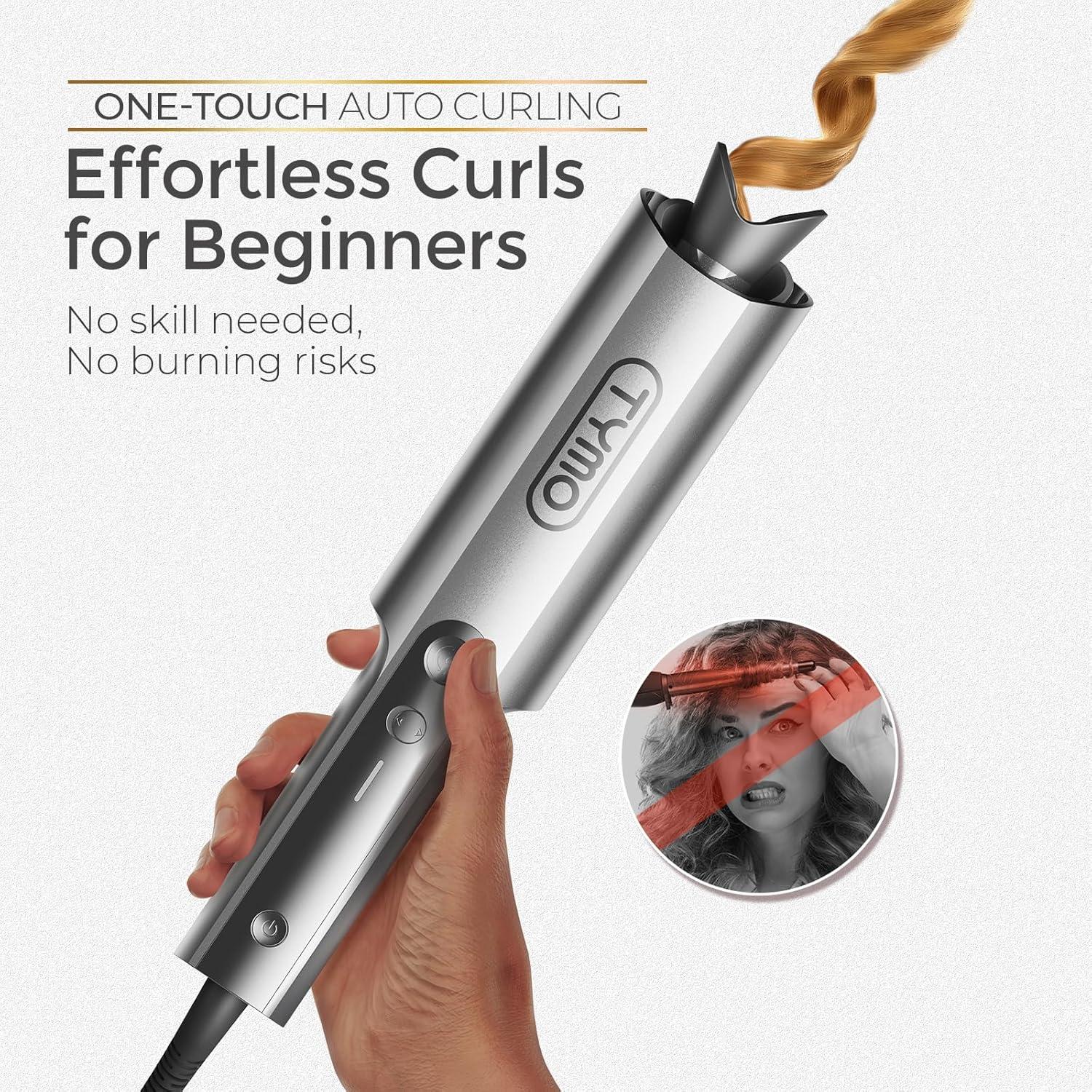 image:imageTYMO CurlPro Plus Automatic Rotating Curling Iron Upgraded Long Barrel Curling Wand for Long Hair Ceramic Hair Curler for Women AntiScald TangleFree 600M Ionic Dual VoltageGold Blush 1 InchGrey