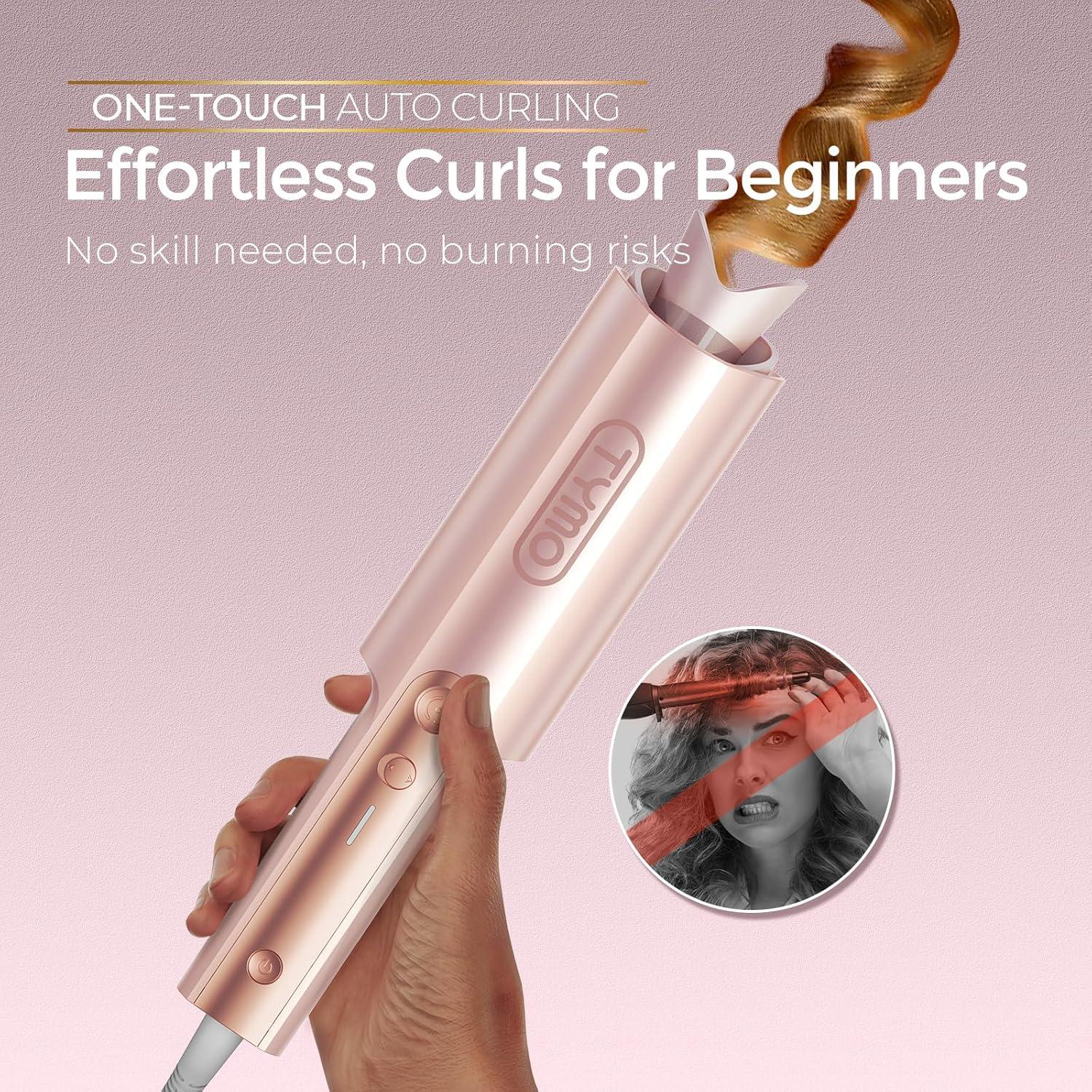 image:imageTYMO CurlPro Plus Automatic Rotating Curling Iron Upgraded Long Barrel Curling Wand for Long Hair Ceramic Hair Curler for Women AntiScald TangleFree 600M Ionic Dual VoltageGold Blush 1 InchGold Blush