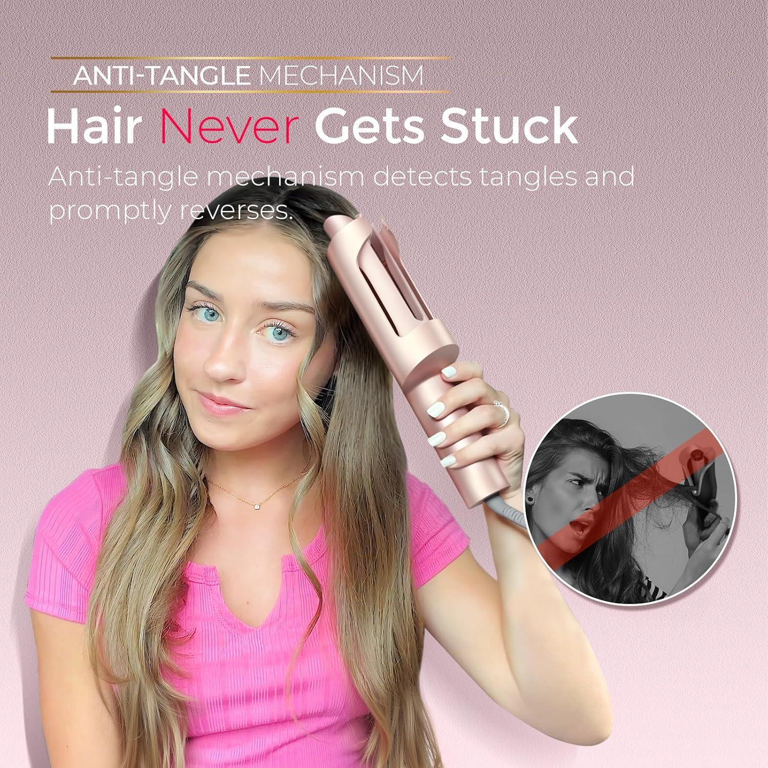 image:imageTYMO CurlPro Plus Automatic Rotating Curling Iron Upgraded Long Barrel Curling Wand for Long Hair Ceramic Hair Curler for Women AntiScald TangleFree 600M Ionic Dual VoltageGold Blush 1 InchGold Blush