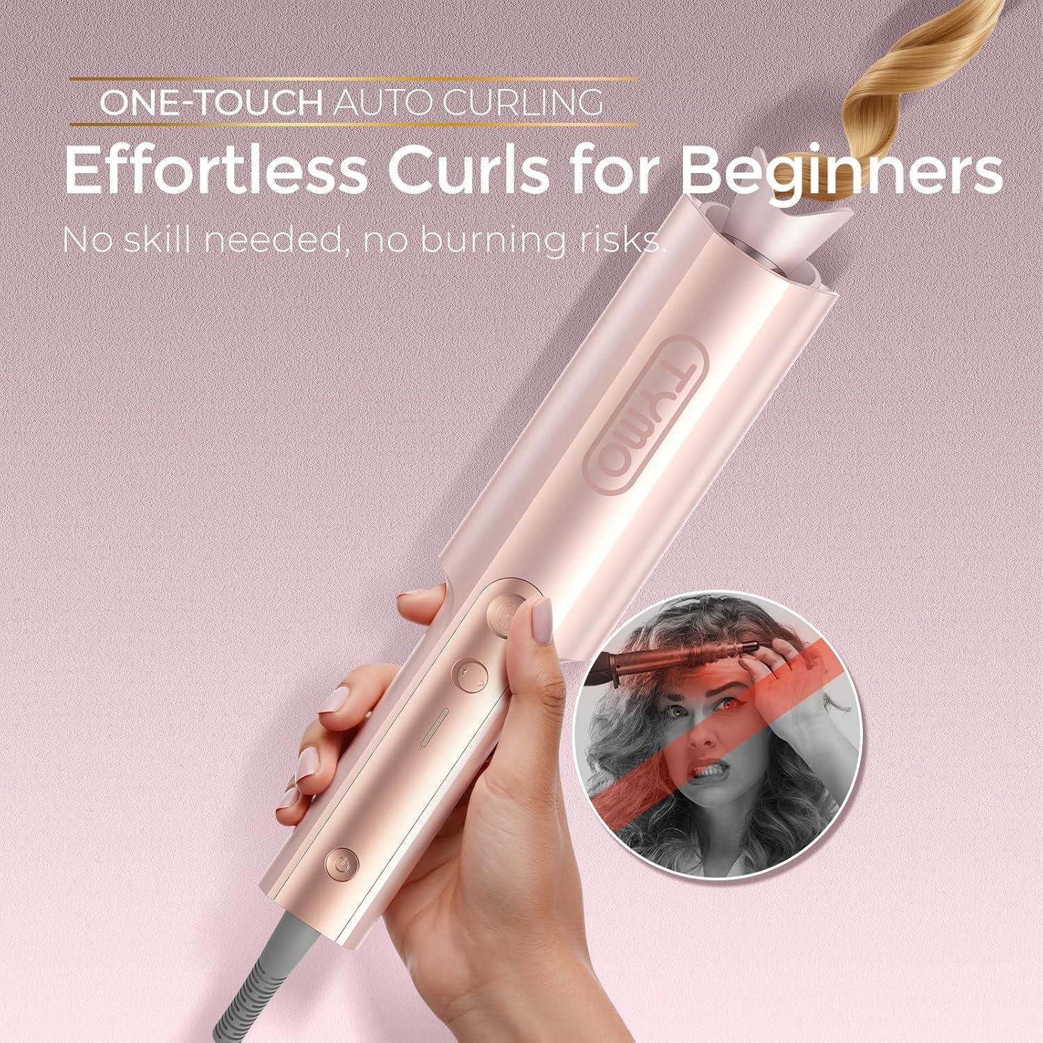 image:imageTYMO CurlPro Plus Automatic Rotating Curling Iron Upgraded Long Barrel Curling Wand for Long Hair Ceramic Hair Curler for Women AntiScald TangleFree 600M Ionic Dual VoltageGold Blush 1 InchGold Blush