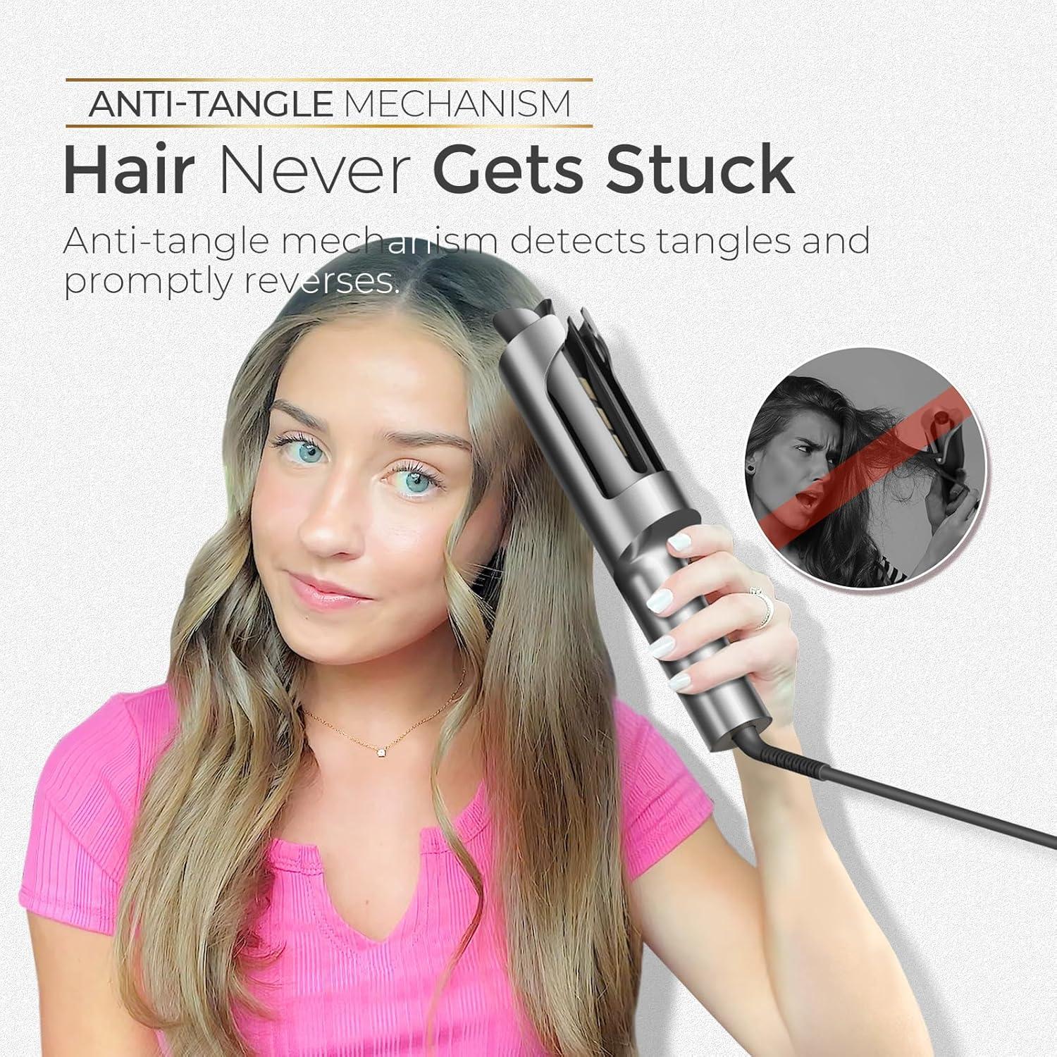 image:imageTYMO CurlPro Plus Automatic Rotating Curling Iron Upgraded Long Barrel Curling Wand for Long Hair Ceramic Hair Curler for Women AntiScald TangleFree 600M Ionic Dual VoltageGold Blush 1 InchGrey