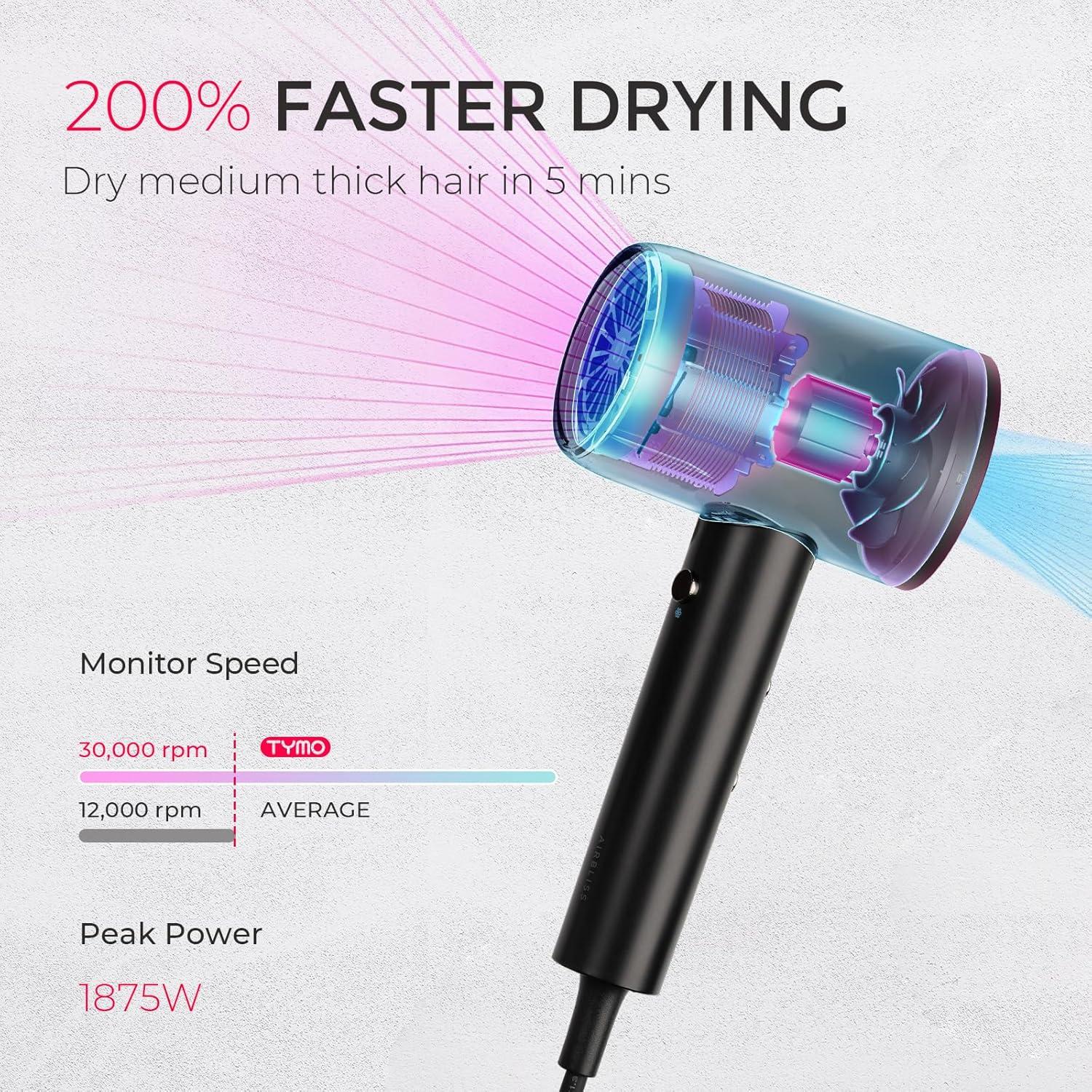 image:imageTYMO Diffuser Hair Dryer Blow Dryer 300 Million Ionic Hairdryer with Diffuser amp Comb Attachment for Curly Hair Professional Blowdryer for Women Cool Air Button Small Travel Lightweight BlackBlack