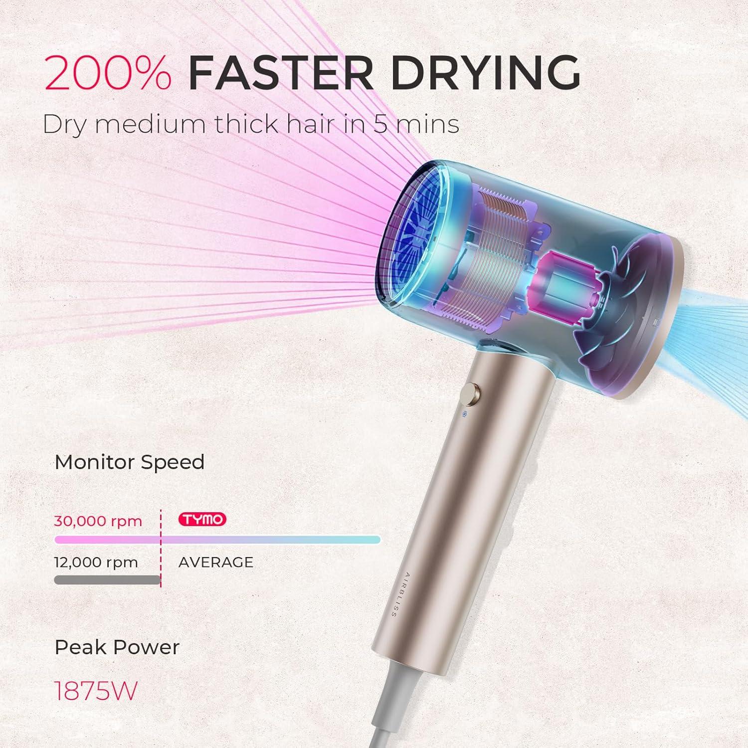 image:imageTYMO Diffuser Hair Dryer Blow Dryer 300 Million Ionic Hairdryer with Diffuser amp Comb Attachment for Curly Hair Professional Blowdryer for Women Cool Air Button Small Travel Lightweight BlackGold