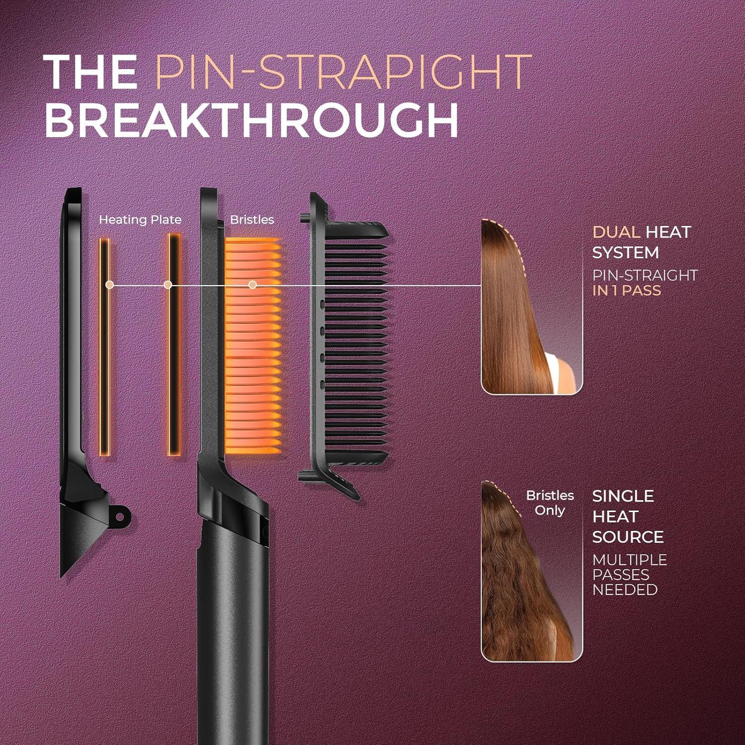 image:imageTYMO Flat Iron Hair Straightener Brush 2 in 1 200M Ions Hair Straighteners for Women Ceramic Dual Voltage Straightening Hot Comb for AntiFrizz Straights Waves Curl 3X Less Heat Damage BlackBlack