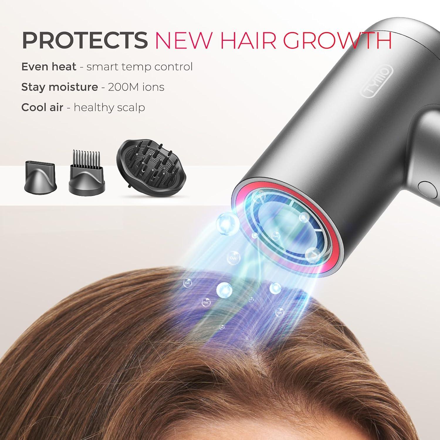image:imageTYMO Hair Dryer with Diffuser 1500W HighSpeed Professional AIRHYPE Lite Blow Dryer with Comb for Fast Drying 110000RPM Brushless Motor 200 Million Ionic Hairdryer 3 Speeds amp 4 Temps LowNoise