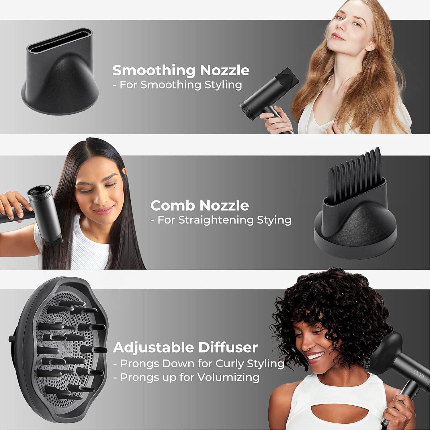 image:imageTYMO Hair Dryer with Diffuser for Women 1500W Professional High Speed Blow Dryer with Comb 110000RPM Fast Dry 200 Million Ionic Hairdryer 4 Temps amp 3 Speeds 8 Ft Cord for Salon Metal GrayGraphite