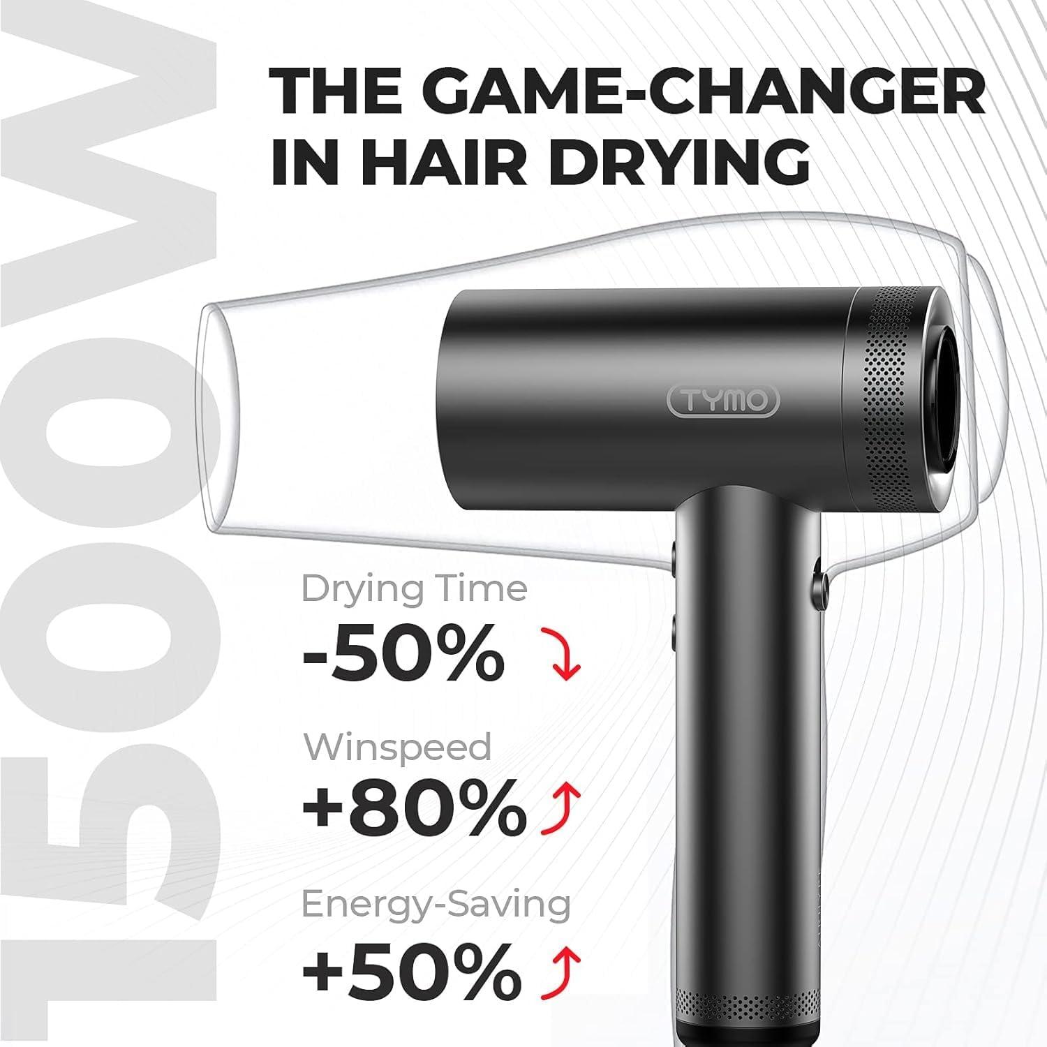 image:imageTYMO Hair Dryer with Diffuser for Women 1500W Professional High Speed Blow Dryer with Comb 110000RPM Fast Dry 200 Million Ionic Hairdryer 4 Temps amp 3 Speeds 8 Ft Cord for Salon Metal GrayGraphite