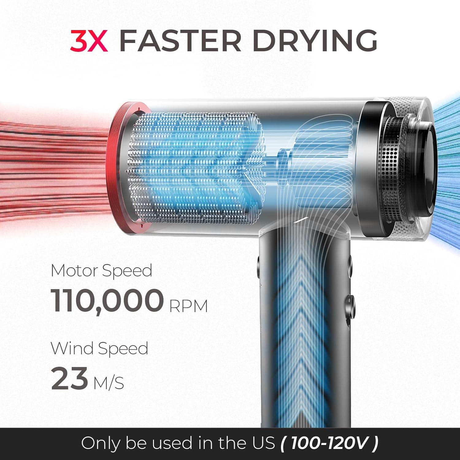 image:imageTYMO Hair Dryer with Diffuser for Women 1500W Professional High Speed Blow Dryer with Comb 110000RPM Fast Dry 200 Million Ionic Hairdryer 4 Temps amp 3 Speeds 8 Ft Cord for Salon Metal GrayMetal Gray