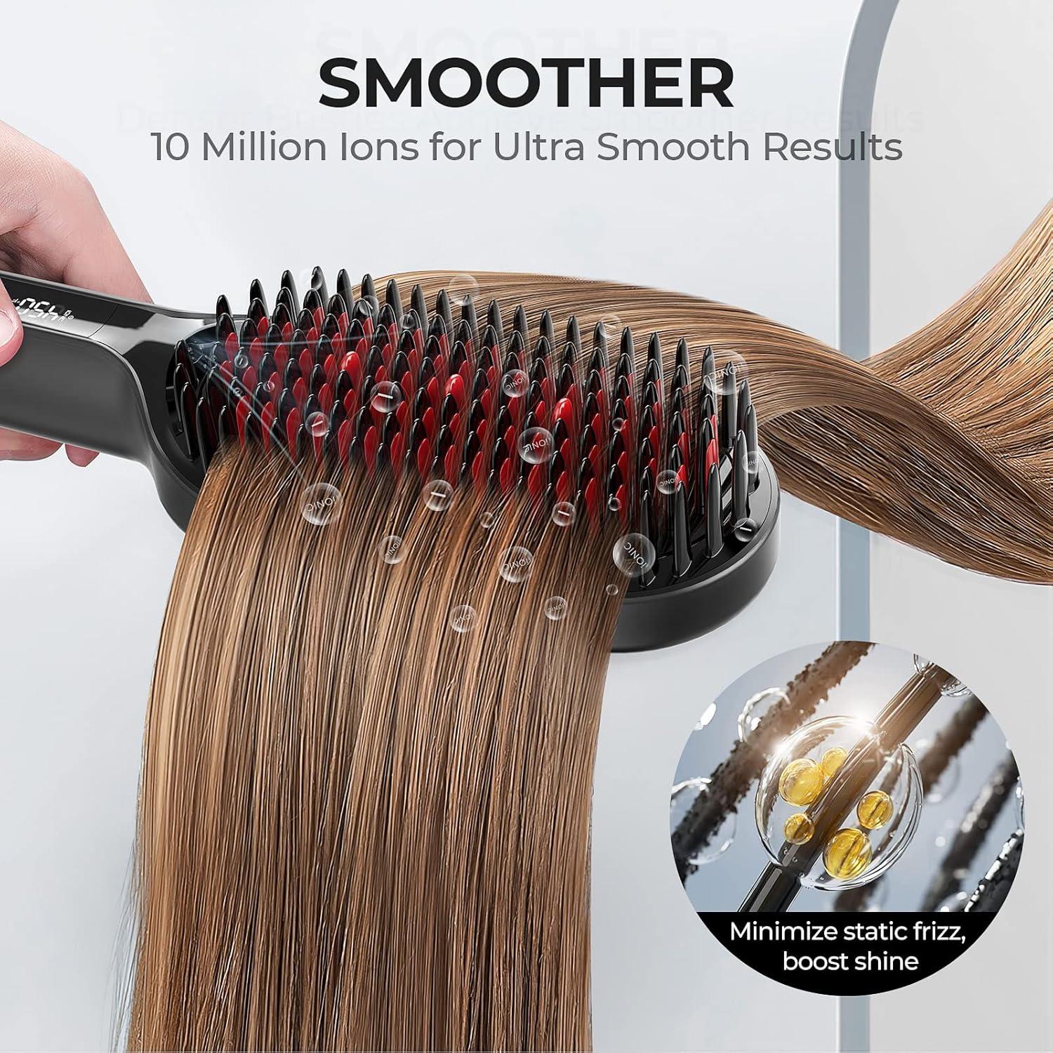 image:imageTYMO Hair Straightener Brush Upgraded Ionic Plus Straightening Brush with Dense Bristles 16 Temps Dual Voltage Ceramic Hot Comb for Women Flat Iron for Thick Curly Hair BlackBlack