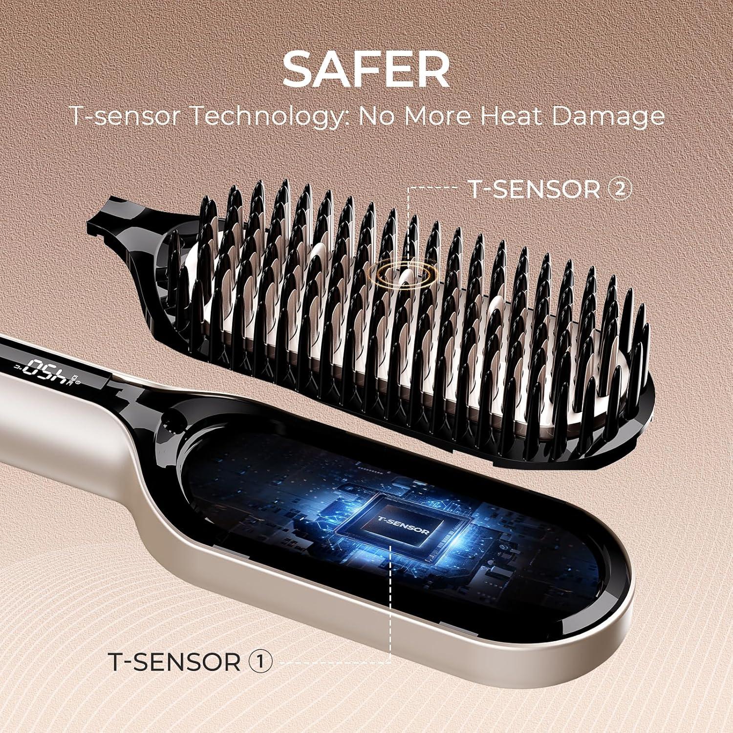 image:imageTYMO Hair Straightener Brush Upgraded Ionic Plus Straightening Brush with Dense Bristles 16 Temps Dual Voltage Ceramic Hot Comb for Women Flat Iron for Thick Curly Hair BlackGold