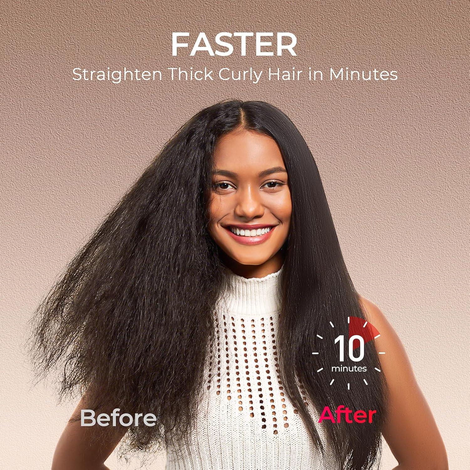 image:imageTYMO Hair Straightener Brush Upgraded Ionic Plus Straightening Brush with Dense Bristles 16 Temps Dual Voltage Ceramic Hot Comb for Women Flat Iron for Thick Curly Hair BlackGold