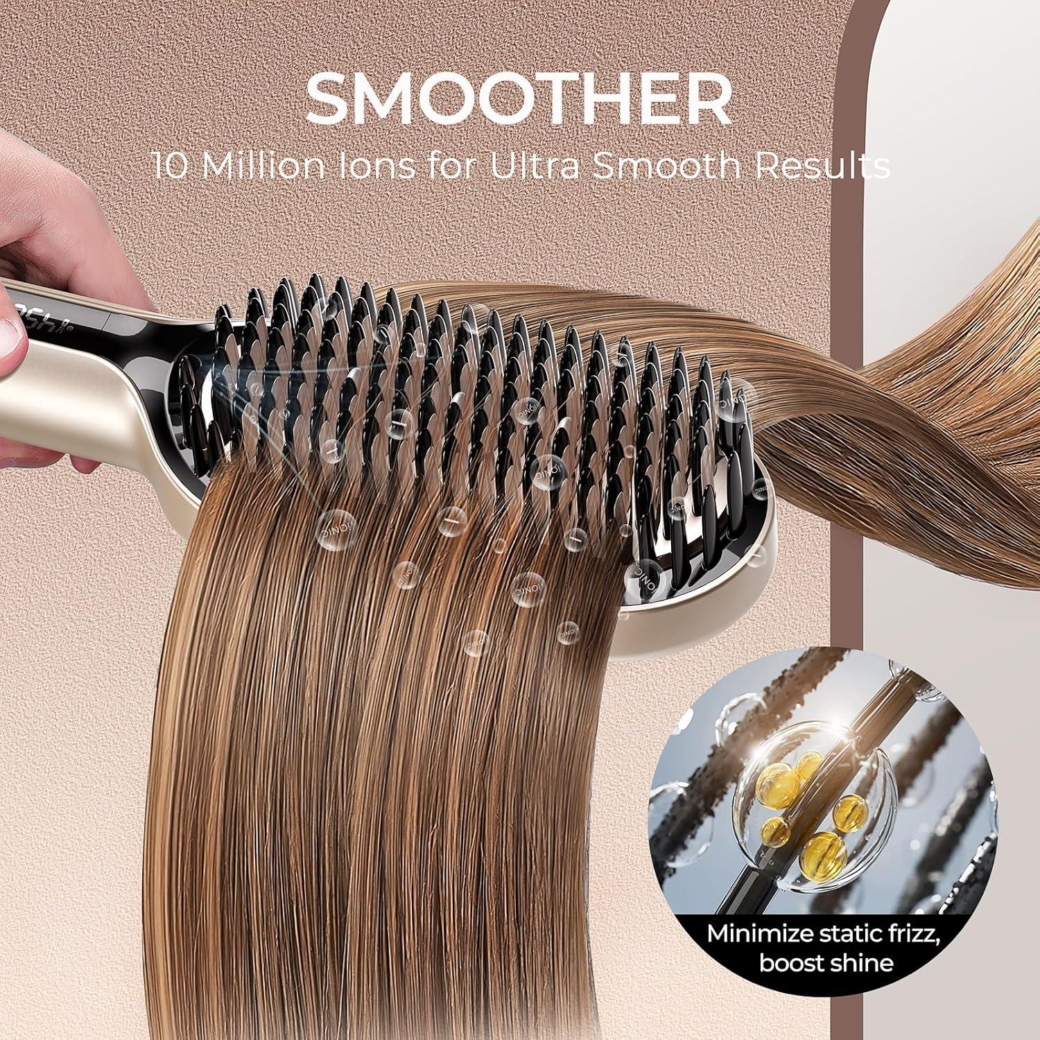image:imageTYMO Hair Straightener Brush Upgraded Ionic Plus Straightening Brush with Dense Bristles 16 Temps Dual Voltage Ceramic Hot Comb for Women Flat Iron for Thick Curly Hair BlackGold