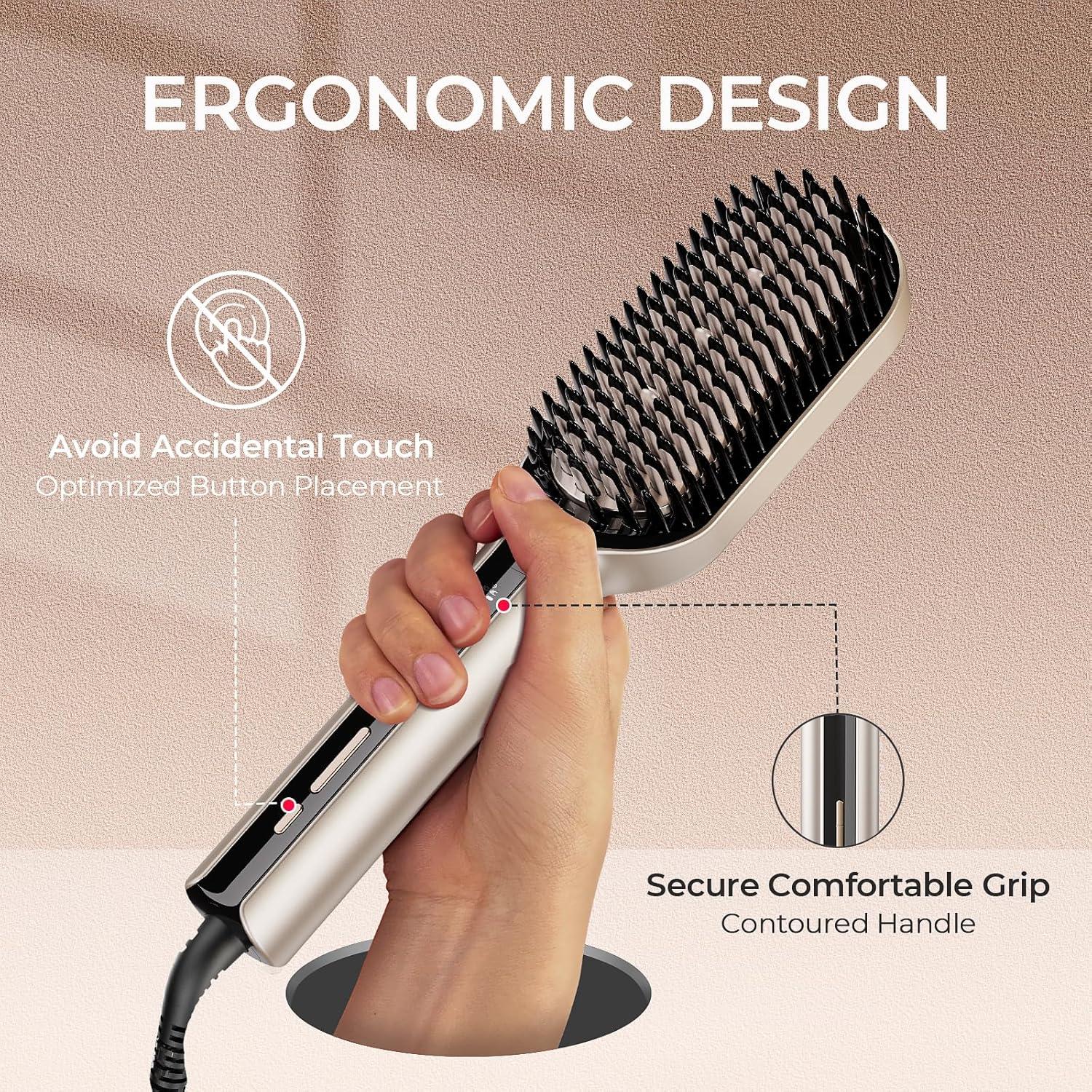 image:imageTYMO Hair Straightener Brush Upgraded Ionic Plus Straightening Brush with Dense Bristles 16 Temps Dual Voltage Ceramic Hot Comb for Women Flat Iron for Thick Curly Hair BlackGold