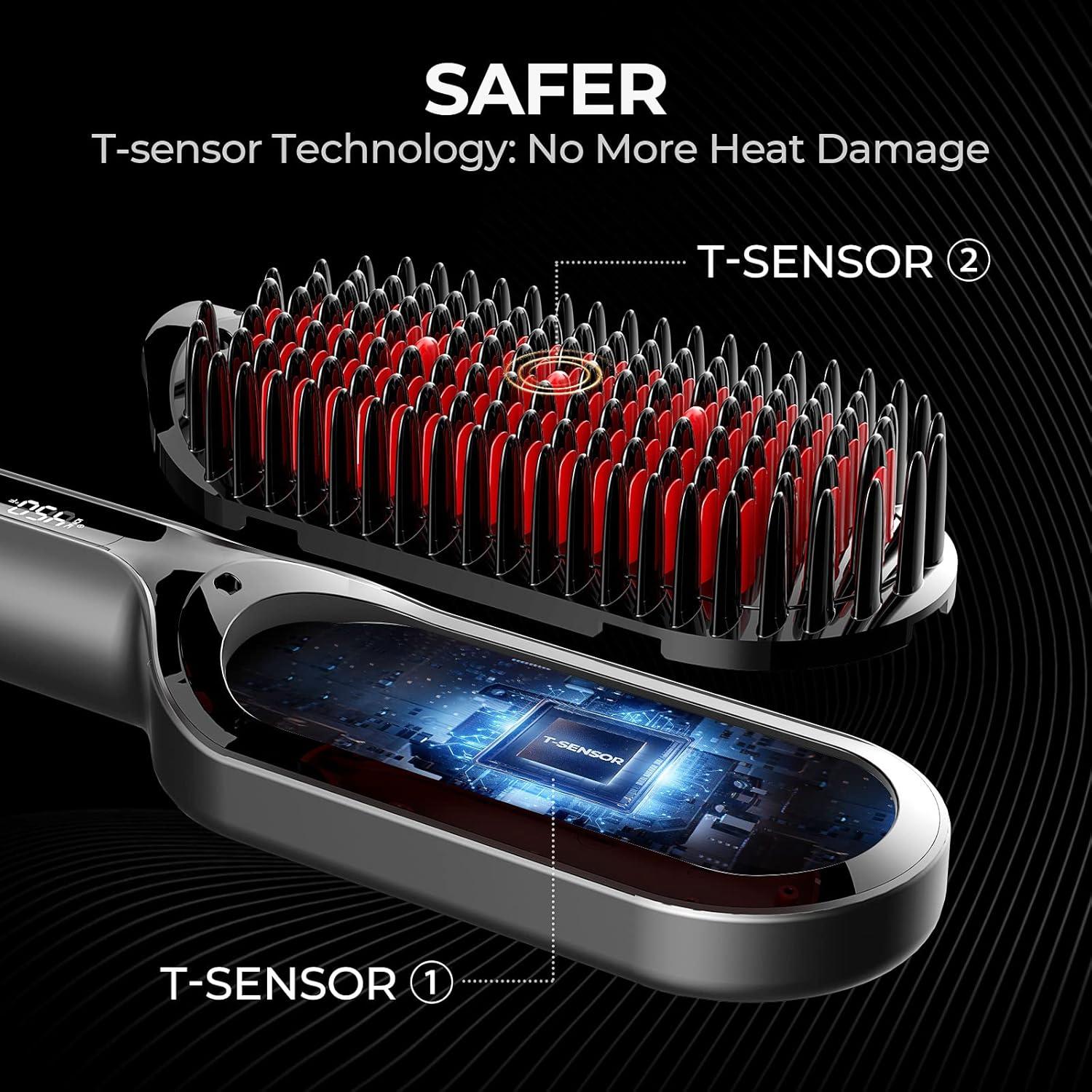 image:imageTYMO Hair Straightener Brush Upgraded Ionic Plus Straightening Brush with Dense Bristles 16 Temps Dual Voltage Ceramic Hot Comb for Women Flat Iron for Thick Curly Hair BlackBlack