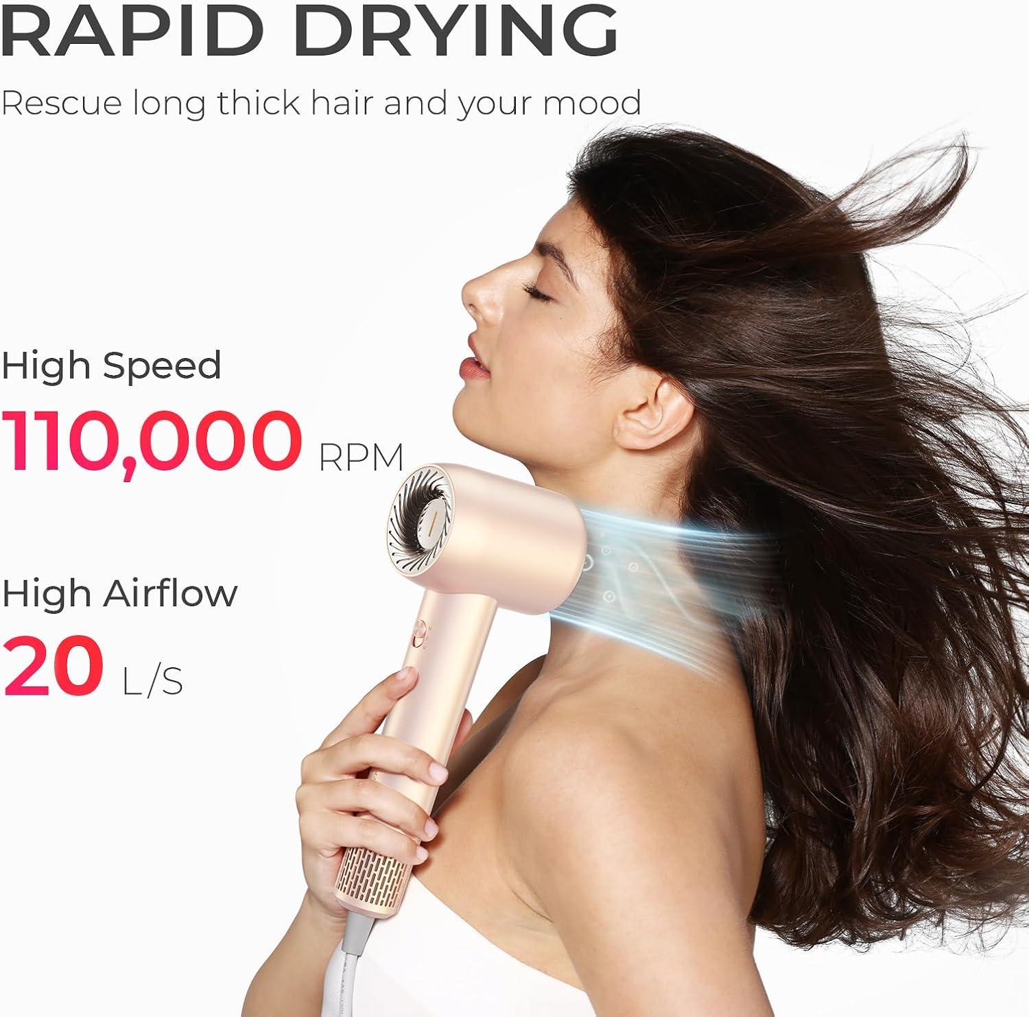 image:imageTYMO Ionic Hair Dryer for Women High Speed Travel Blow Dryer for 5X Faster Drying amp 0 Damage Professional Portable Quiet Hairdryer with 400M Negative Ions 4 Tempsamp 2 Speeds 110000 RPM Gold BlushGold Blush