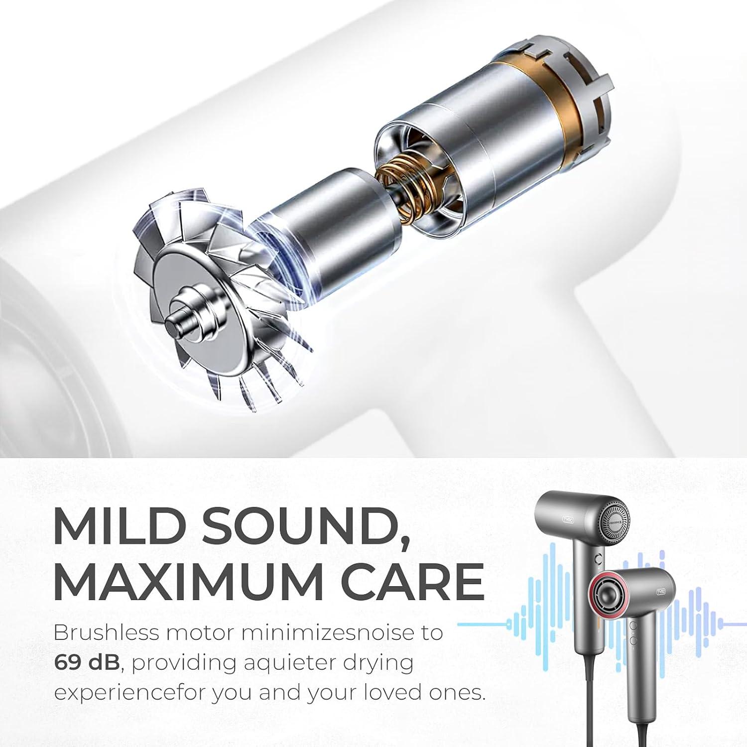 image:imageTYMO Ionic Hair Dryer for Women Professional Blow Dryer with 110000 RPM Brushless Motor for Fast Drying Travel Lightweight AIRHYPE Lite Hairdryer Low Noise 4 Temps amp 3 Speeds for Man SilverSilver
