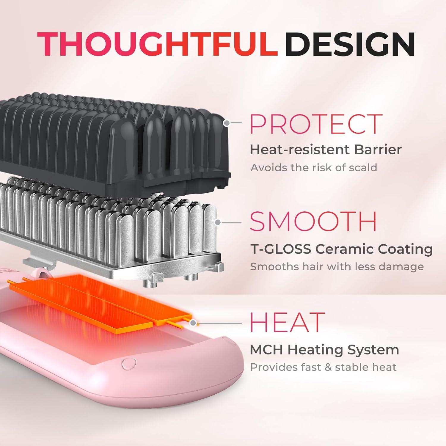 image:imageTYMO Ionic Hair Straightener Brush Straightening Comb with 10M Negative Ions 25s Heatup 16 Temps Dual Voltage LED Display Ceramic Hot Comb Hair Brush Straightener for Women PinkPink