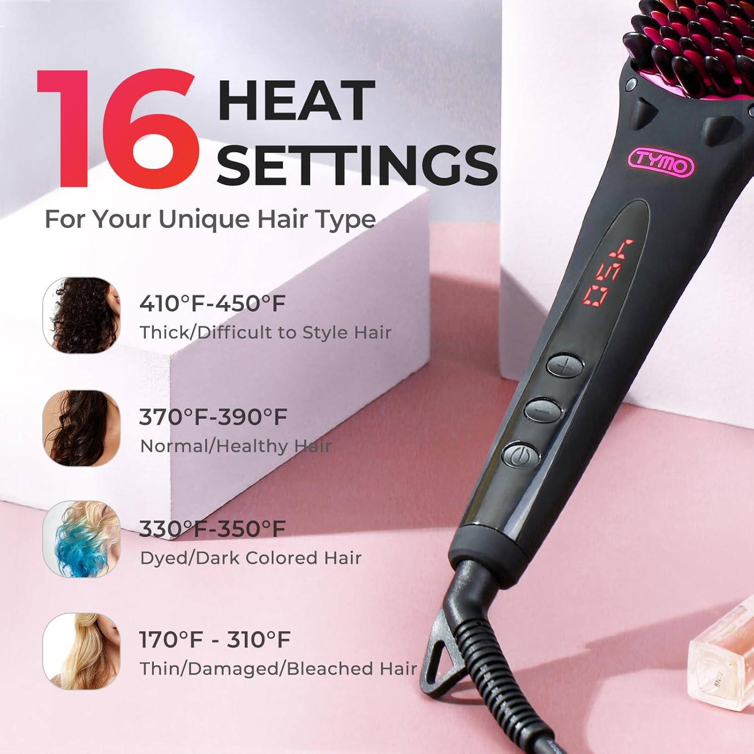 image:imageTYMO Ionic Hair Straightener Brush Straightening Comb with 10M Negative Ions 25s Heatup 16 Temps Dual Voltage LED Display Ceramic Hot Comb Hair Brush Straightener for Women PinkElegant Matte Black