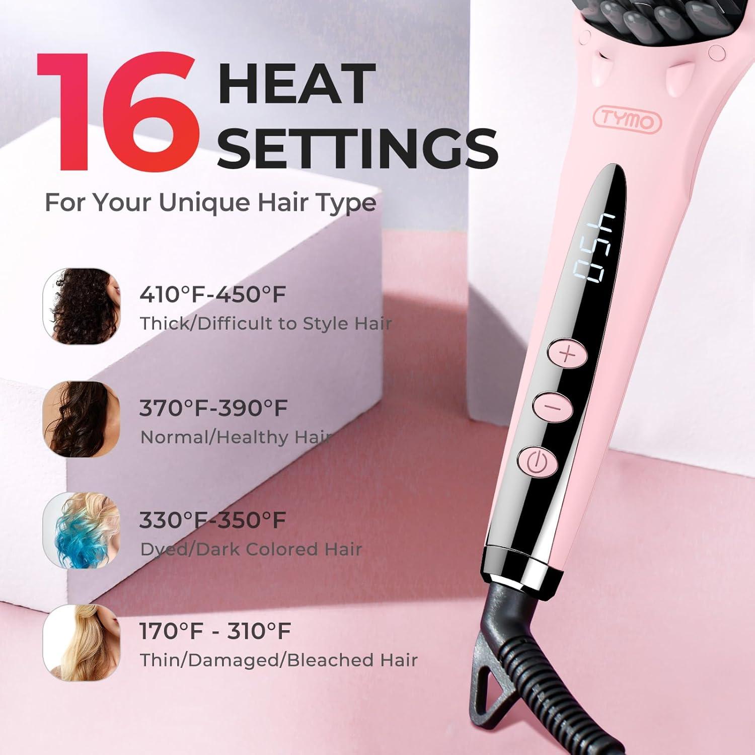 image:imageTYMO Ionic Hair Straightener Brush Straightening Comb with 10M Negative Ions 25s Heatup 16 Temps Dual Voltage LED Display Ceramic Hot Comb Hair Brush Straightener for Women PinkPink