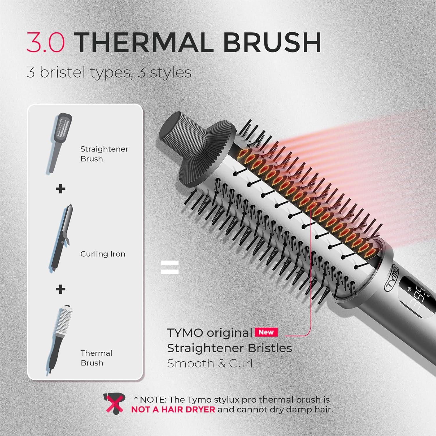 image:imageTYMO STYLUX PRO Thermal Brush Curling Brush 15 Inch Blowout Heated Round Volumizer Hair Straightener and Curler 2 in 1 800M Negative Ion for Smoother LCD Display 5 Temp Dual Voltage GoldGray
