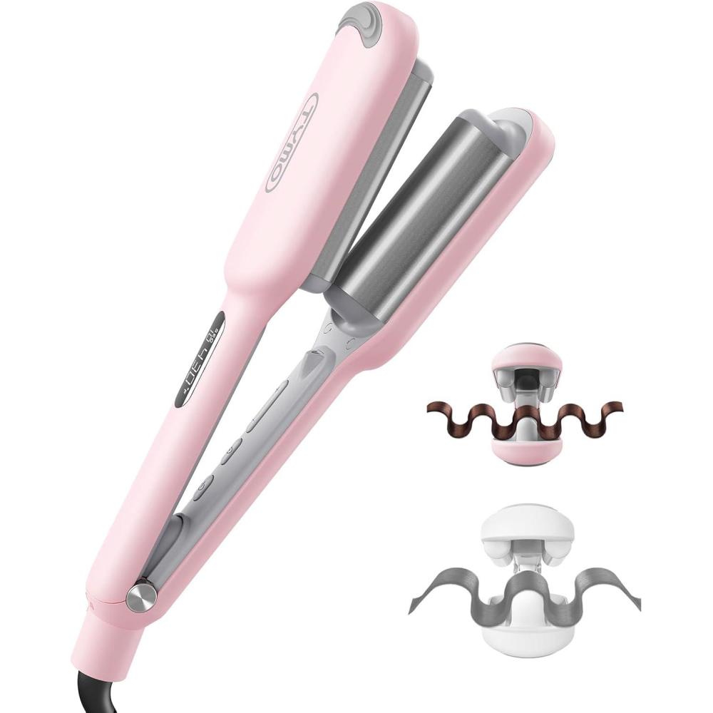 image:imageCurling Iron Hair Crimper Waver TYMO ROVY Beach Waves Curling Wand Ionic Deep Waver Hair Curler Tool with Ceramic 3 Barrel for Women Dual Voltage AntiScald Easy to Use Pink 125 InchPink