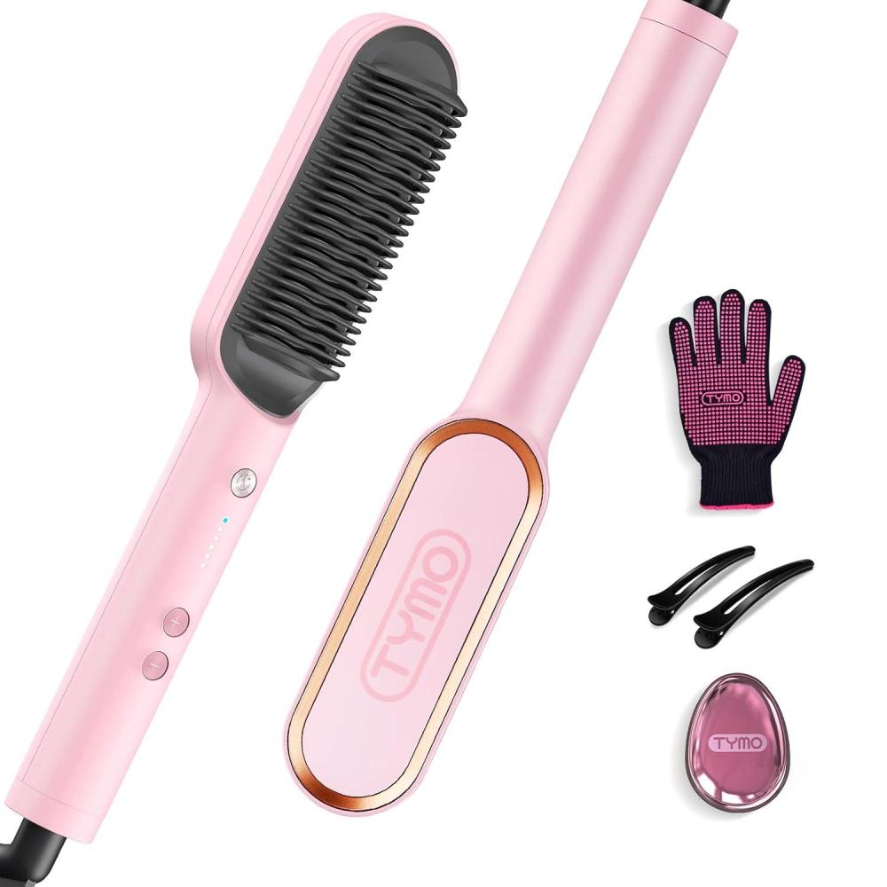 image:imageHair Straightener Brush TYMO Ring Hair Straightener Comb Straightening Brush for Women with 5 Temps 20s Fast Heating amp Dual Voltage BlackPink