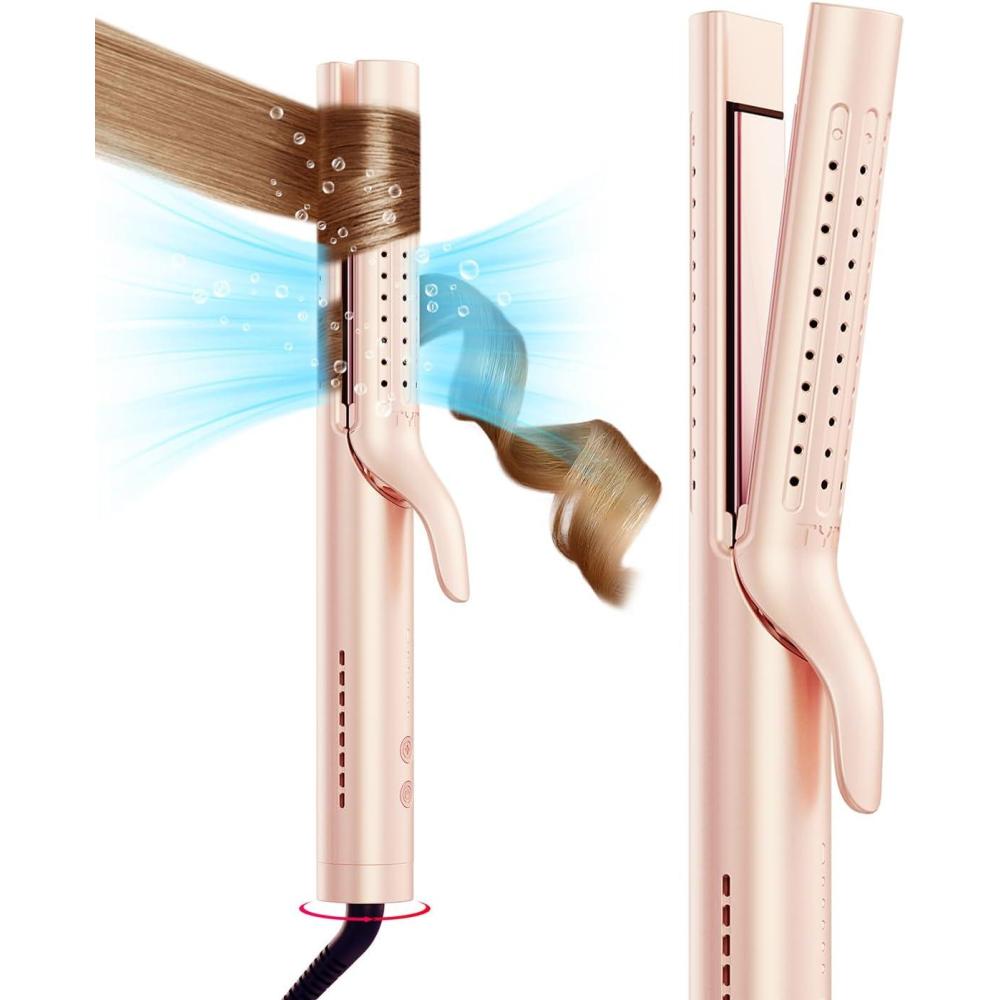 image:imageTYMO Airflow 20 Curling Iron Flat Iron  Hair Straightener and Curler 2 in 1 125 Inch Curling Wand for Long Short Hair Dual Voltage for Travel 54 Million Ionic AntiTangle 5 Temps PinkGold Blush